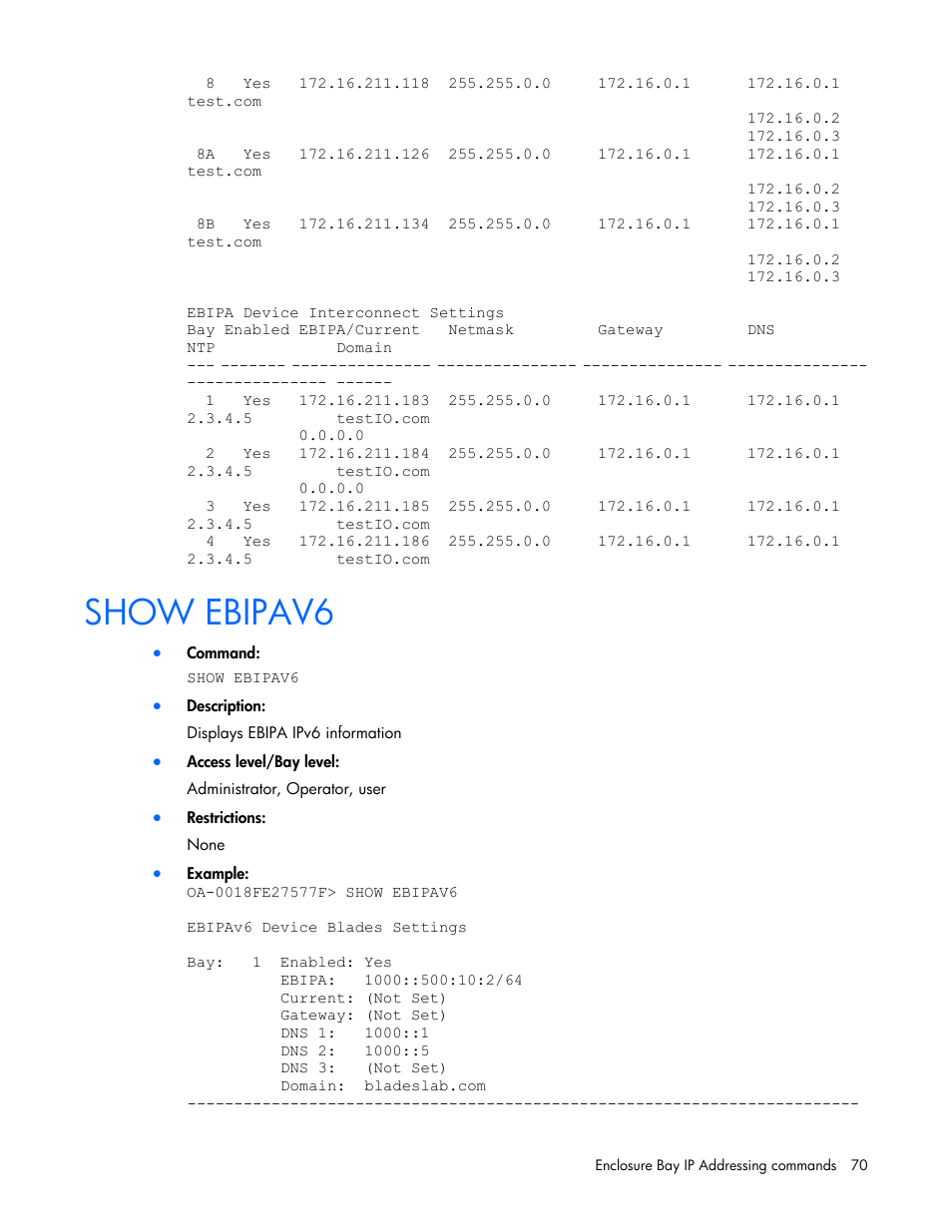 Show ebipav6 | HP Onboard Administrator User Manual | Page 70 / 226