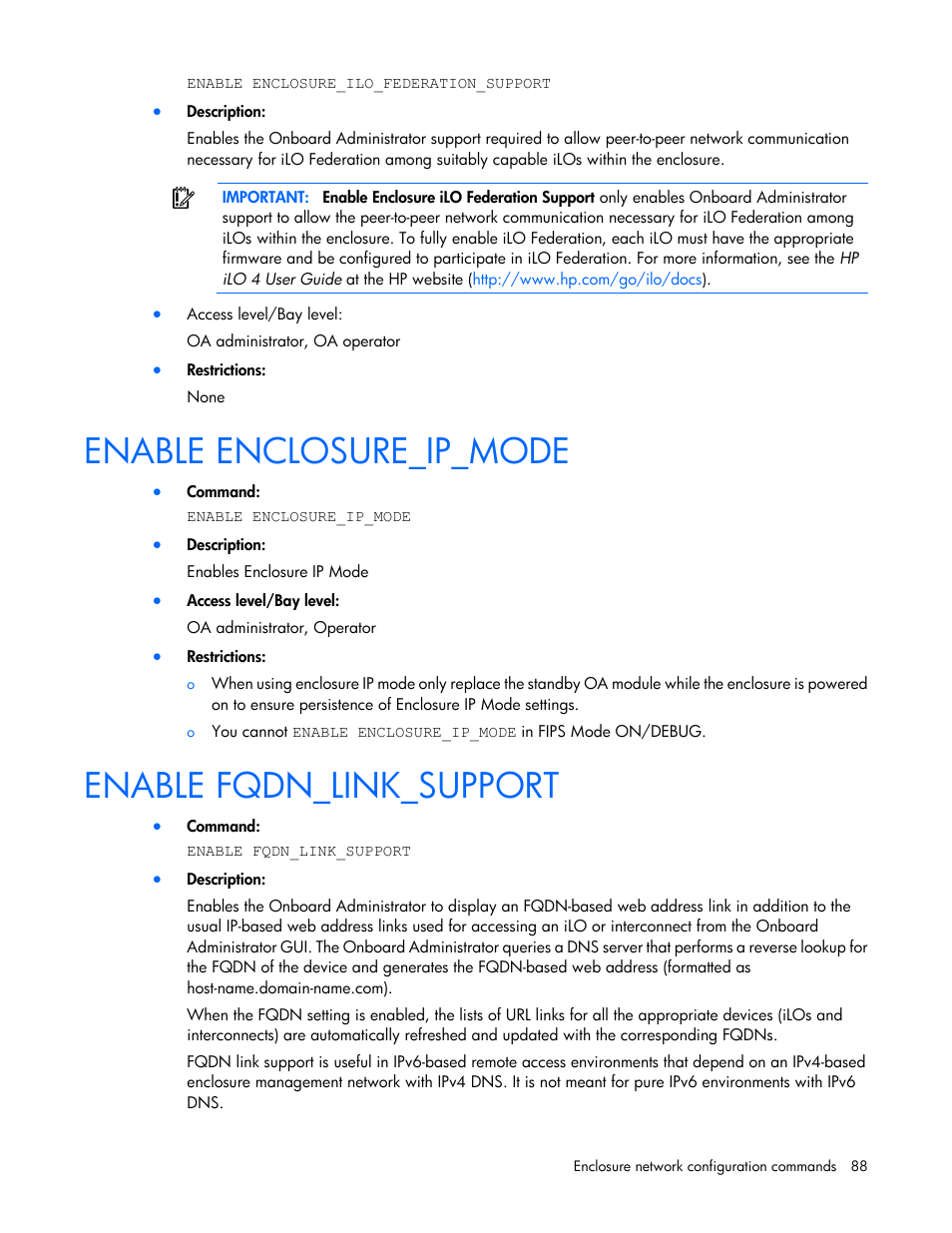 Enable enclosure_ip_mode, Enable fqdn_link_support | HP Onboard Administrator User Manual | Page 88 / 226