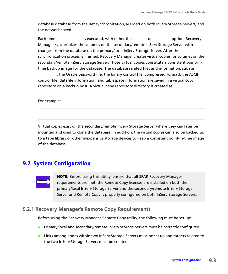 2 system configuration, 1 recovery manager’s remote copy requirements, System configuration | Recovery manager’s remote copy requirements | HP 3PAR Application Software Suite for Oracle User Manual | Page 183 / 196