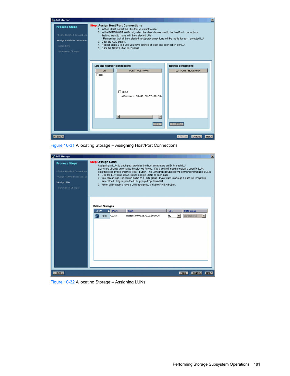 Figure 10-32 allocating storage – assigning luns | HP XP Command View Advanced Edition Software User Manual | Page 181 / 201