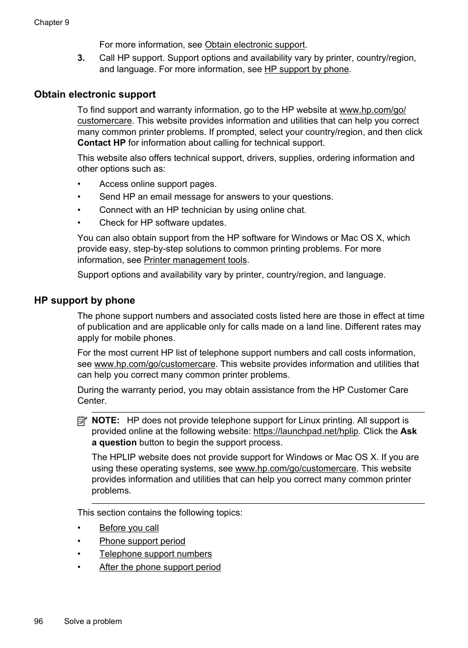 Obtain electronic support, Hp support by phone | HP Officejet Pro 8600 User Manual | Page 100 / 254