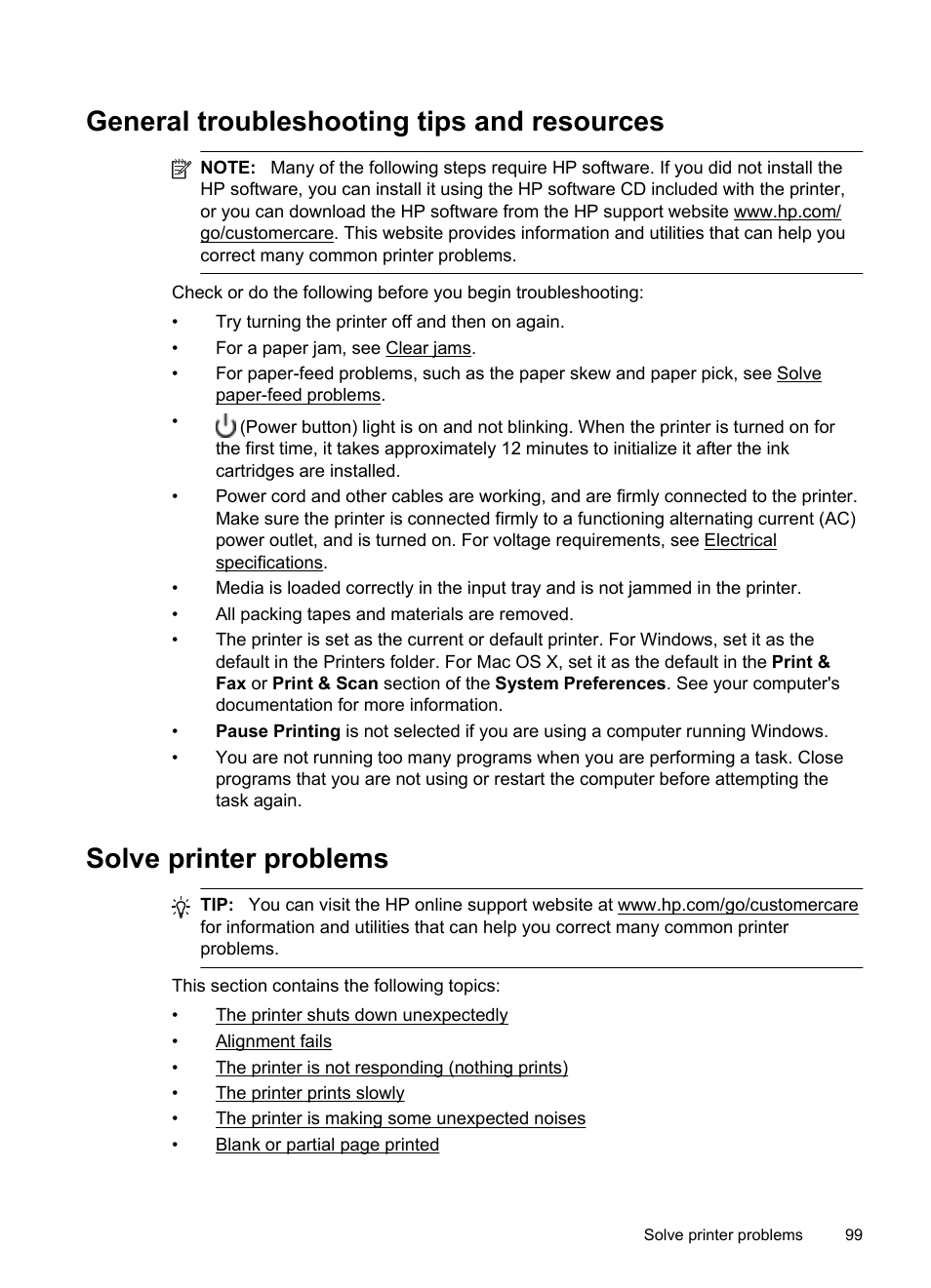 General troubleshooting tips and resources, Solve printer problems, He printer shuts down unexpectedly alignment fails | He printer is not responding (nothing prints), He printer prints slowly | HP Officejet Pro 8600 User Manual | Page 103 / 254