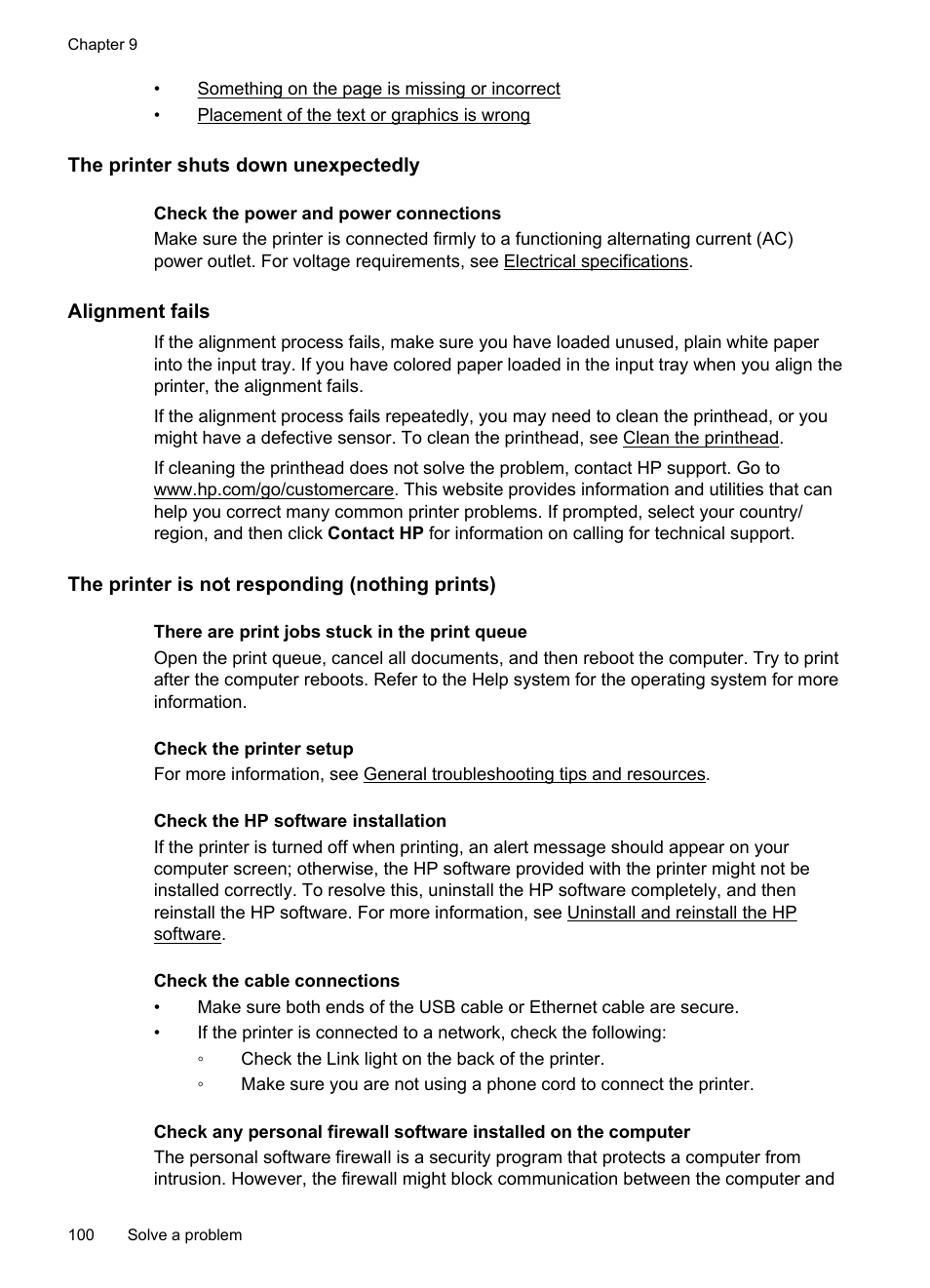 The printer shuts down unexpectedly, Alignment fails, The printer is not responding (nothing prints) | HP Officejet Pro 8600 User Manual | Page 104 / 254