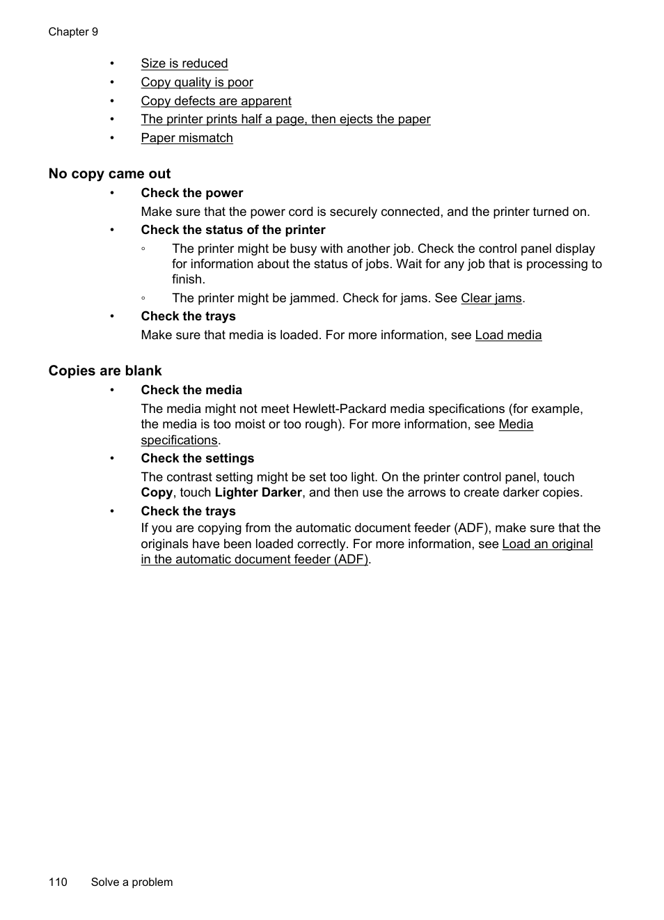No copy came out, Copies are blank | HP Officejet Pro 8600 User Manual | Page 114 / 254