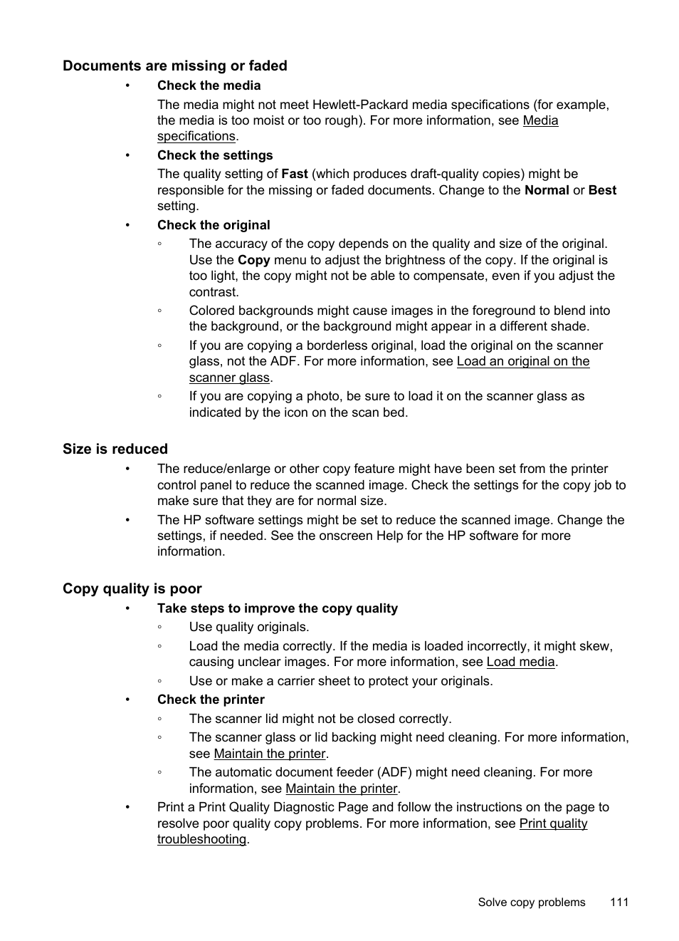 Documents are missing or faded, Size is reduced, Copy quality is poor | HP Officejet Pro 8600 User Manual | Page 115 / 254