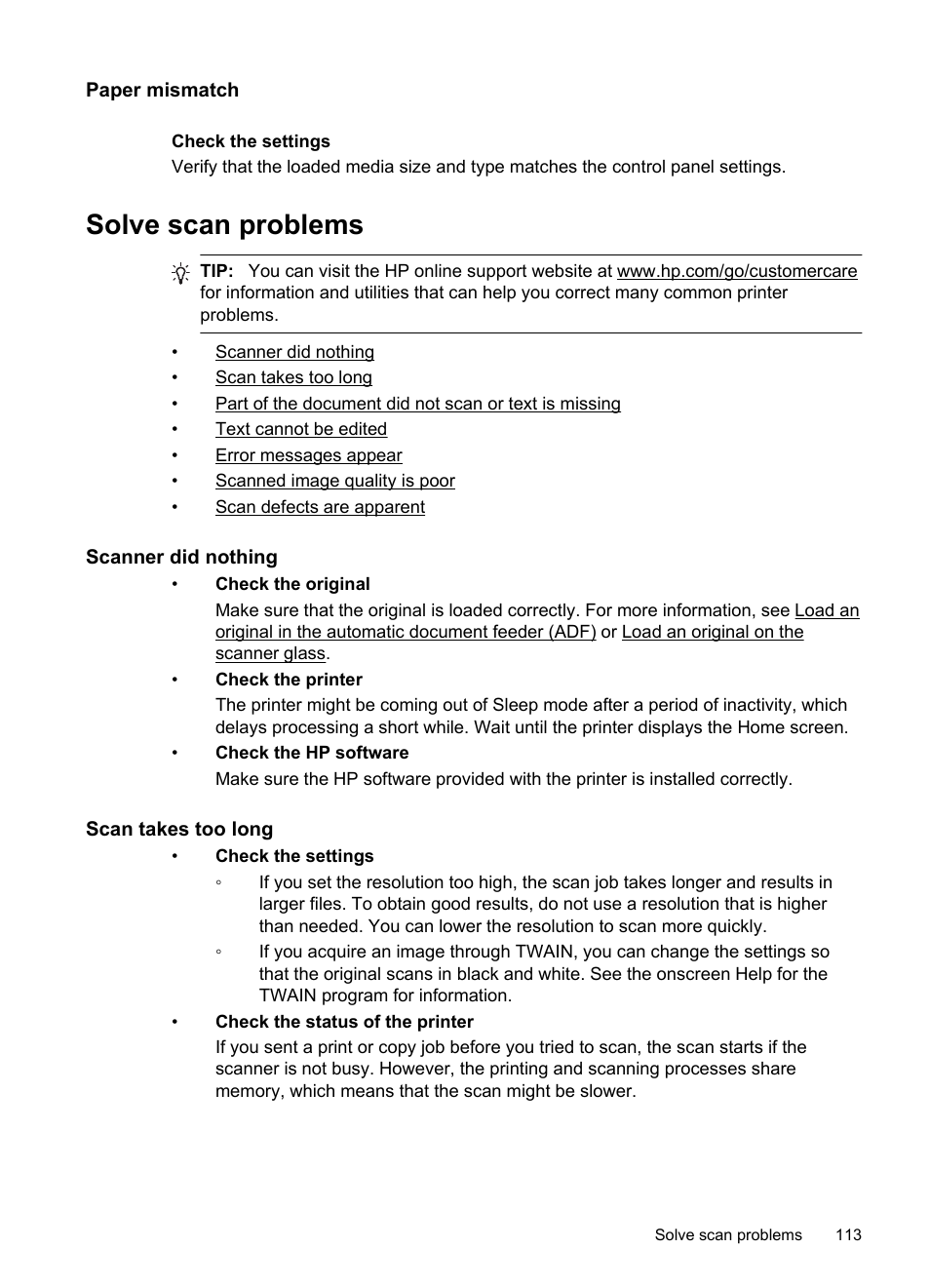 Paper mismatch, Solve scan problems, Scanner did nothing | Scan takes too long | HP Officejet Pro 8600 User Manual | Page 117 / 254