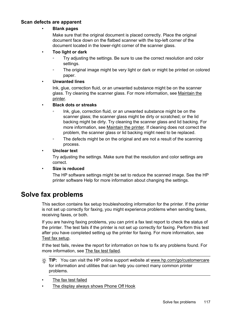 Scan defects are apparent, Solve fax problems, He fax test failed | HP Officejet Pro 8600 User Manual | Page 121 / 254