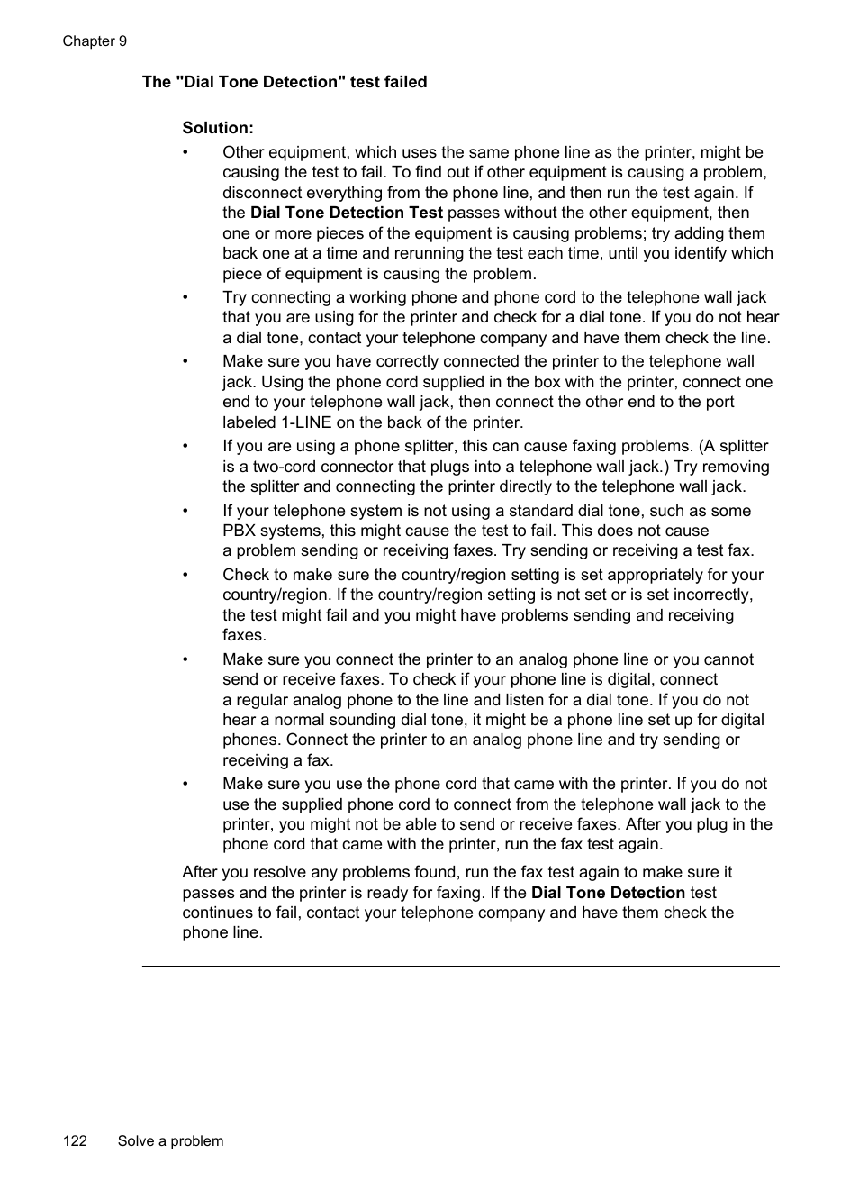 The "dial tone detection" test failed | HP Officejet Pro 8600 User Manual | Page 126 / 254