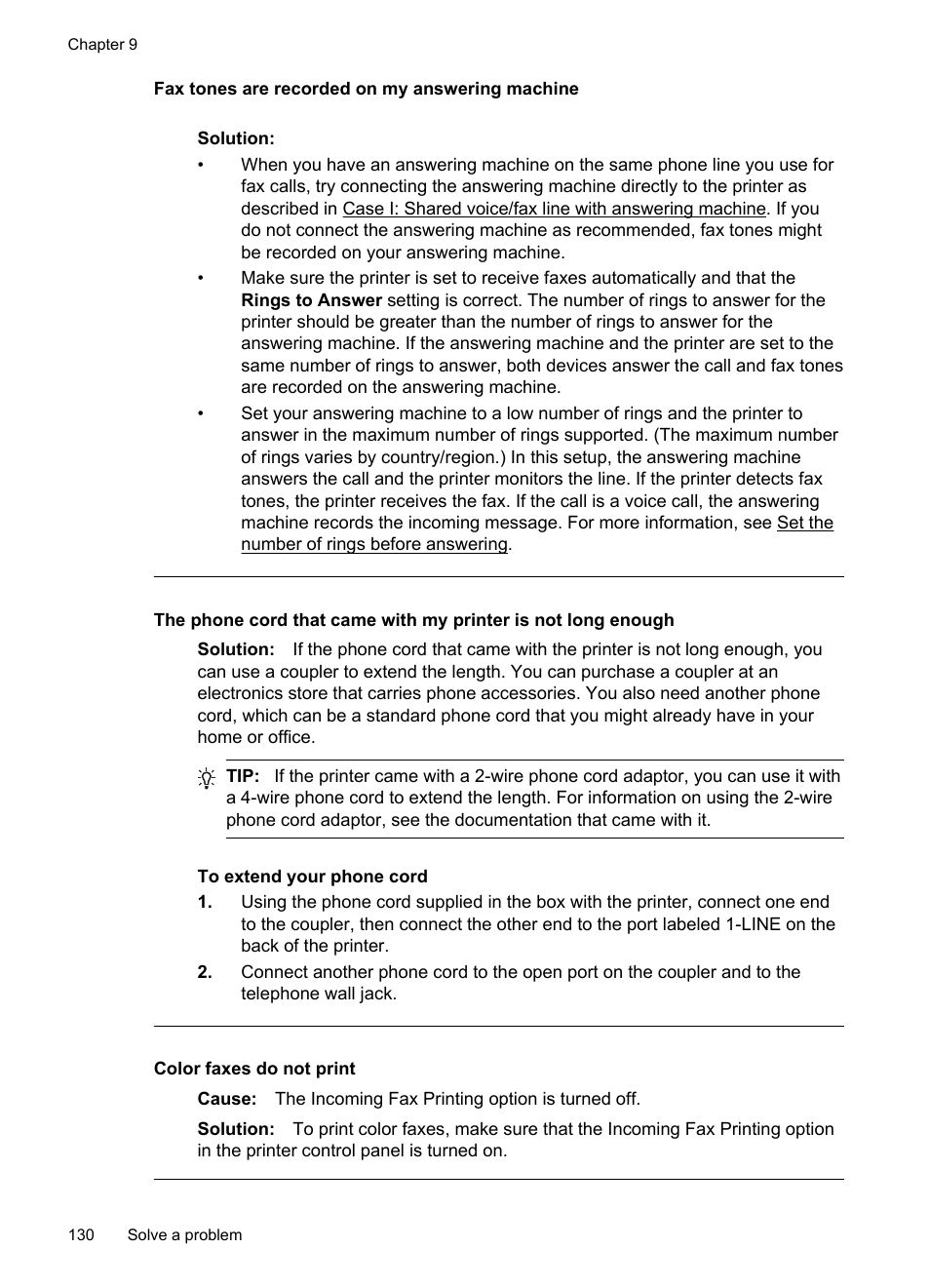Fax tones are recorded on my answering machine, Color faxes do not print | HP Officejet Pro 8600 User Manual | Page 134 / 254