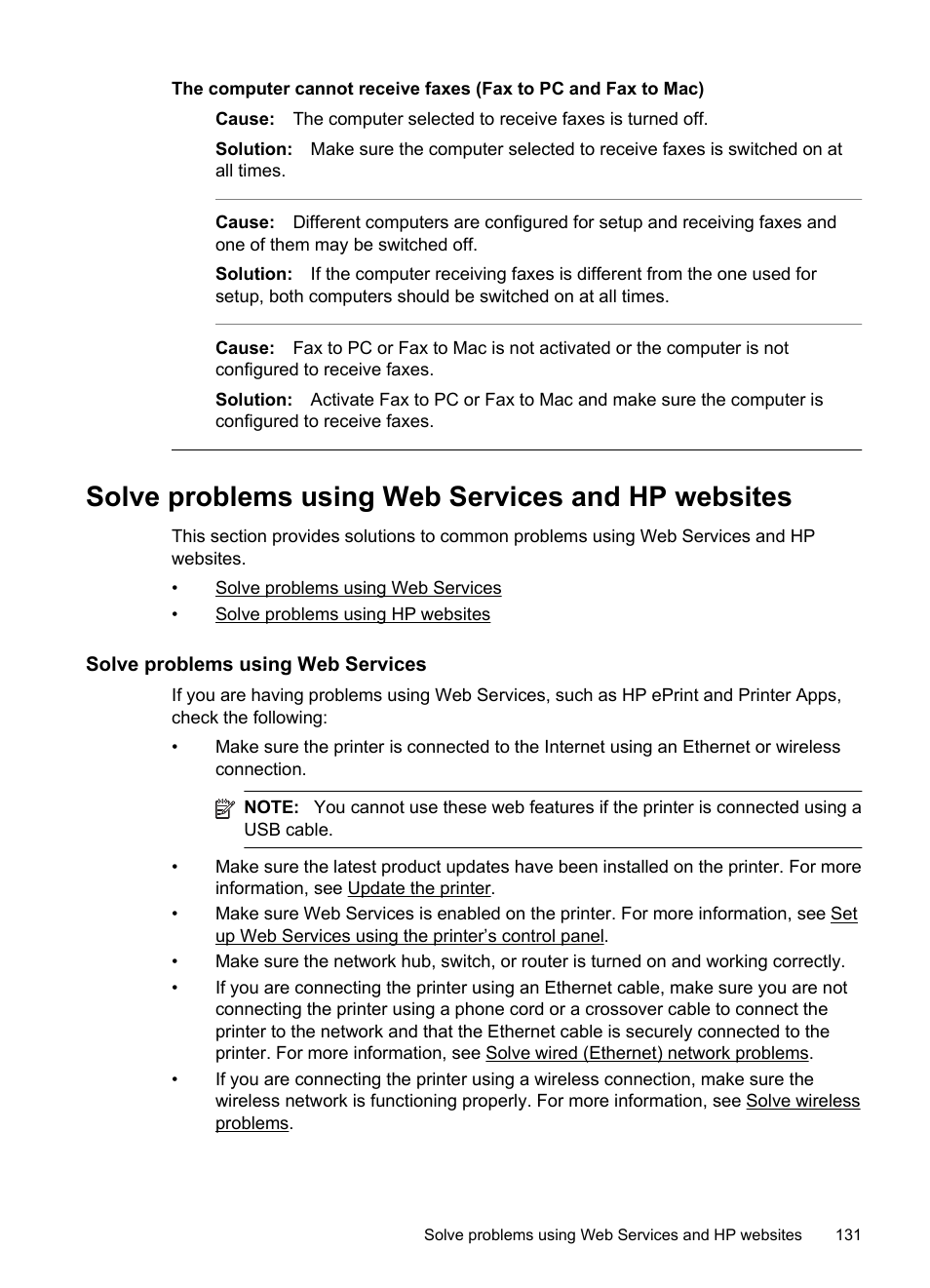 Solve problems using web services and hp websites, Solve problems using web services | HP Officejet Pro 8600 User Manual | Page 135 / 254