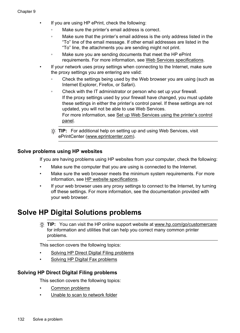 Solve problems using hp websites, Solve hp digital solutions problems, Solving hp direct digital filing problems | Solving hp digital fax problems | HP Officejet Pro 8600 User Manual | Page 136 / 254