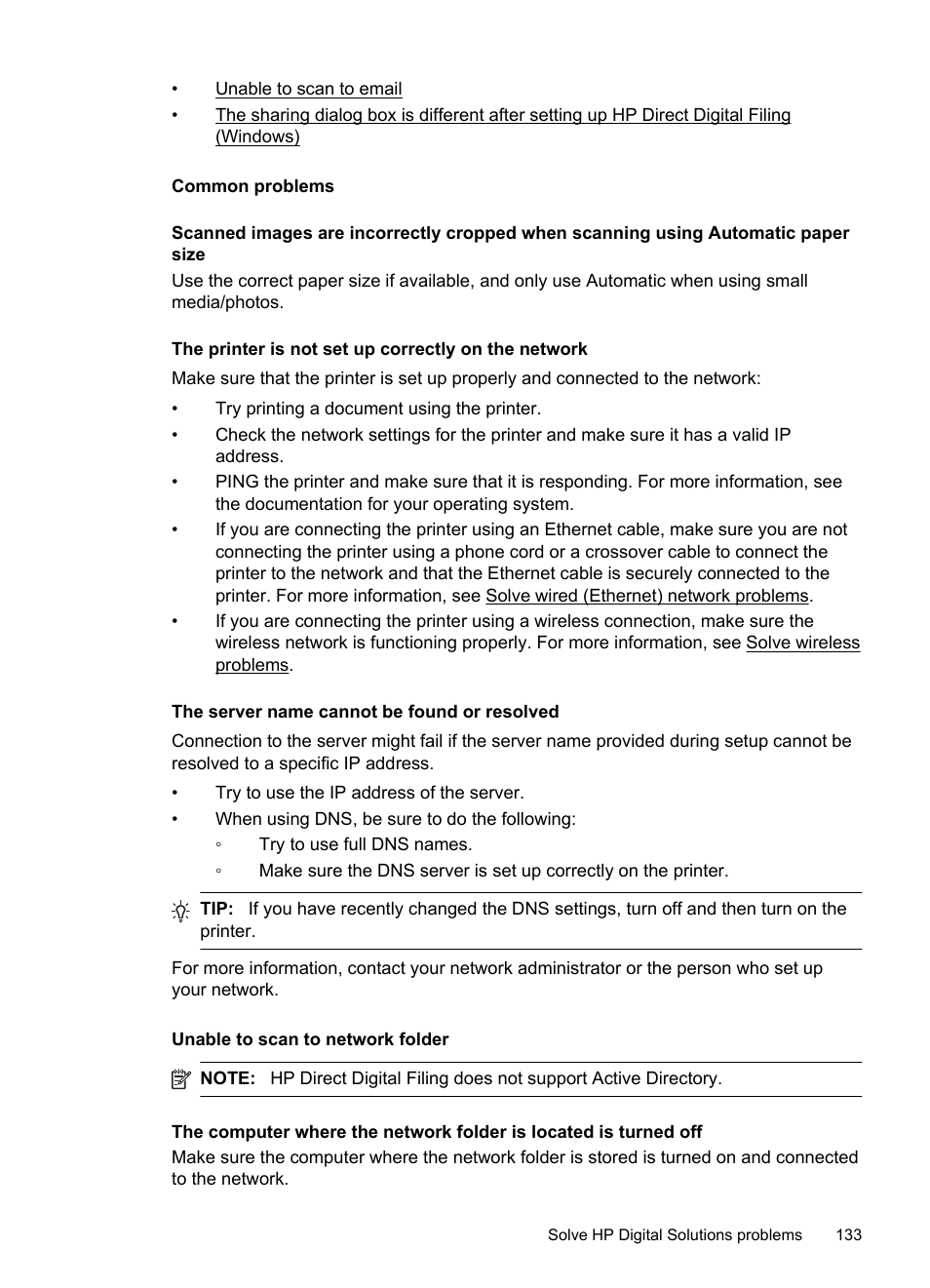 Common problems, Unable to scan to network folder | HP Officejet Pro 8600 User Manual | Page 137 / 254