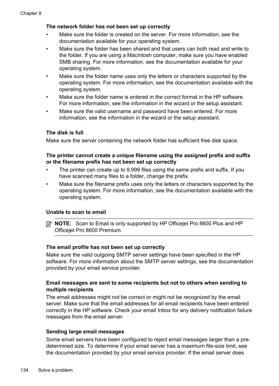 Unable to scan to email | HP Officejet Pro 8600 User Manual | Page 138 / 254