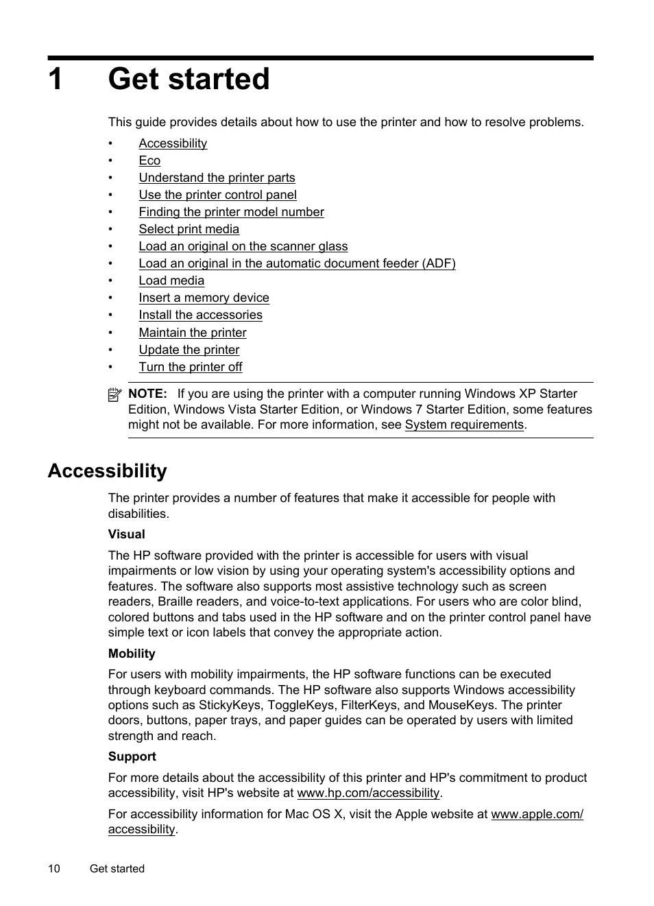 Get started, Accessibility, 1get started | HP Officejet Pro 8600 User Manual | Page 14 / 254