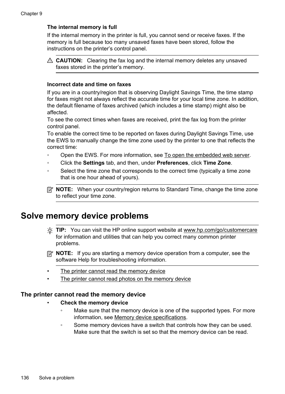 Solve memory device problems, The printer cannot read the memory device, He printer cannot read photos on the memory device | HP Officejet Pro 8600 User Manual | Page 140 / 254