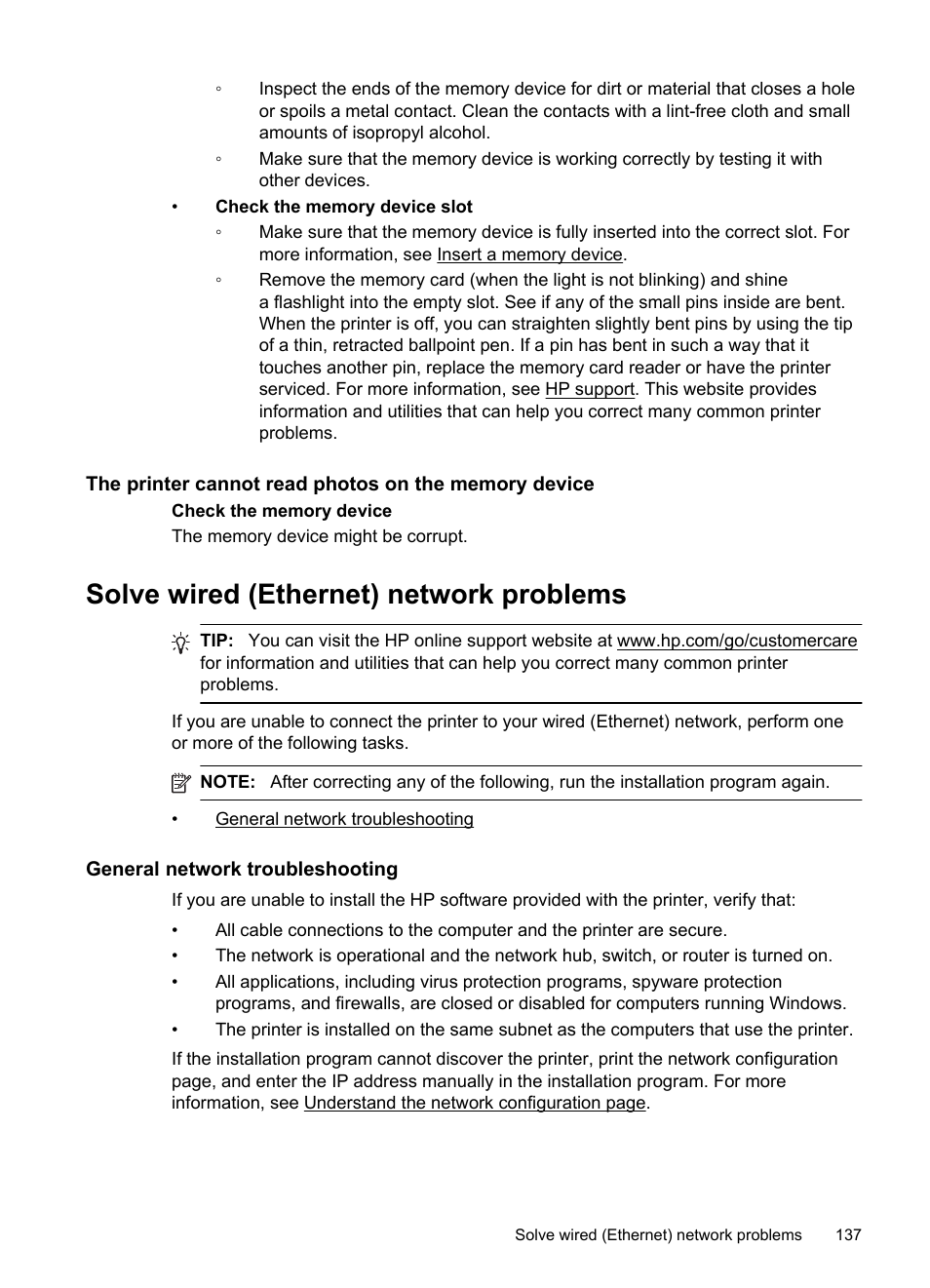 Solve wired (ethernet) network problems, General network troubleshooting | HP Officejet Pro 8600 User Manual | Page 141 / 254