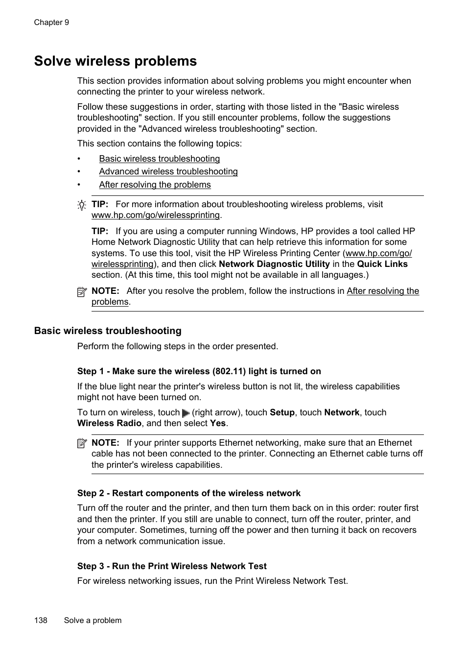 Solve wireless problems, Basic wireless troubleshooting, Step 3 - run the print wireless network test | Advanced wireless troubleshooting, After resolving the problems | HP Officejet Pro 8600 User Manual | Page 142 / 254