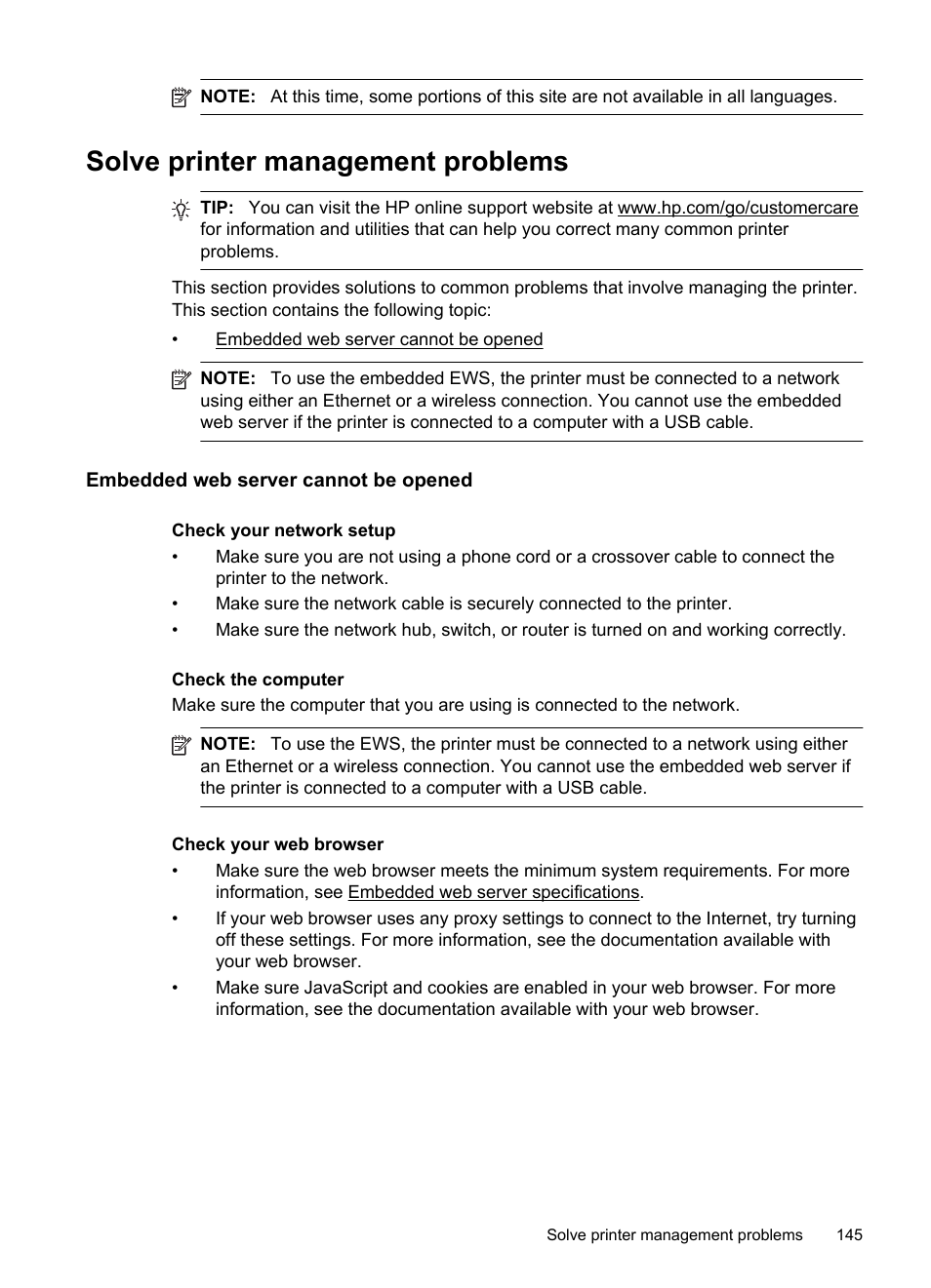 Solve printer management problems, Embedded web server cannot be opened | HP Officejet Pro 8600 User Manual | Page 149 / 254