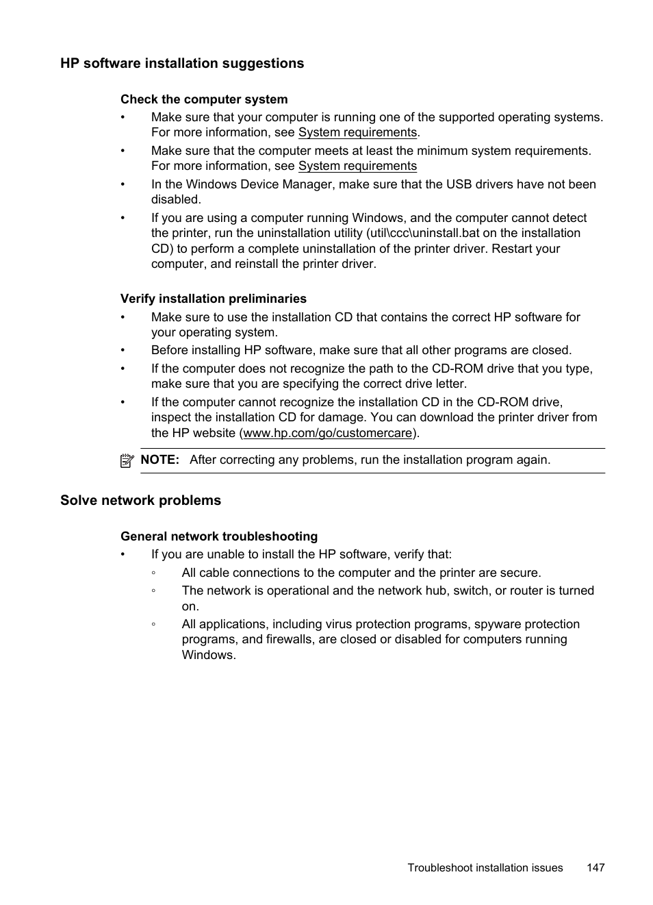 Hp software installation suggestions, Solve network problems | HP Officejet Pro 8600 User Manual | Page 151 / 254