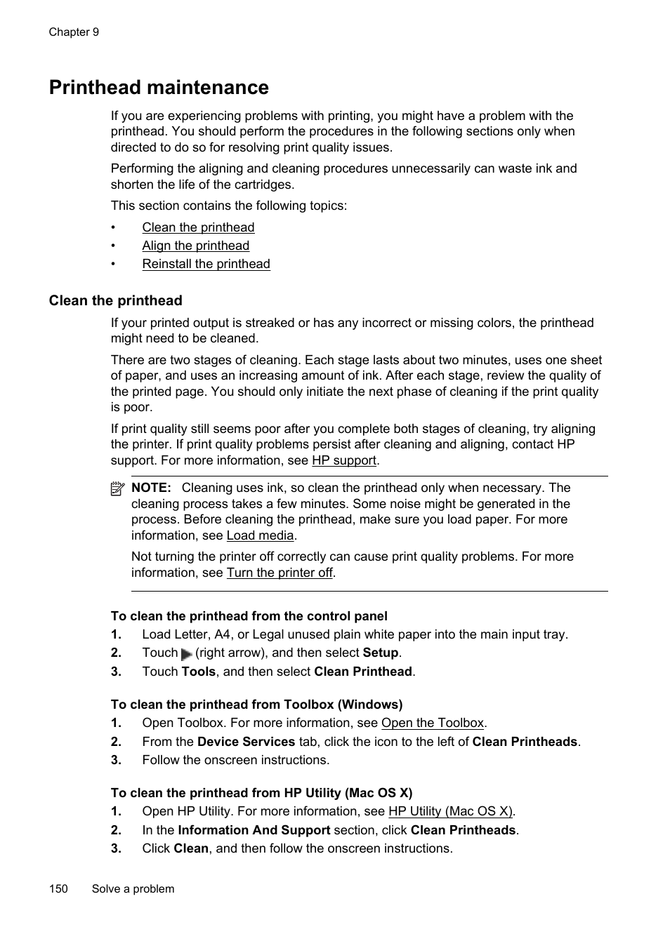 Printhead maintenance, Clean the printhead, E clean the printhead | HP Officejet Pro 8600 User Manual | Page 154 / 254