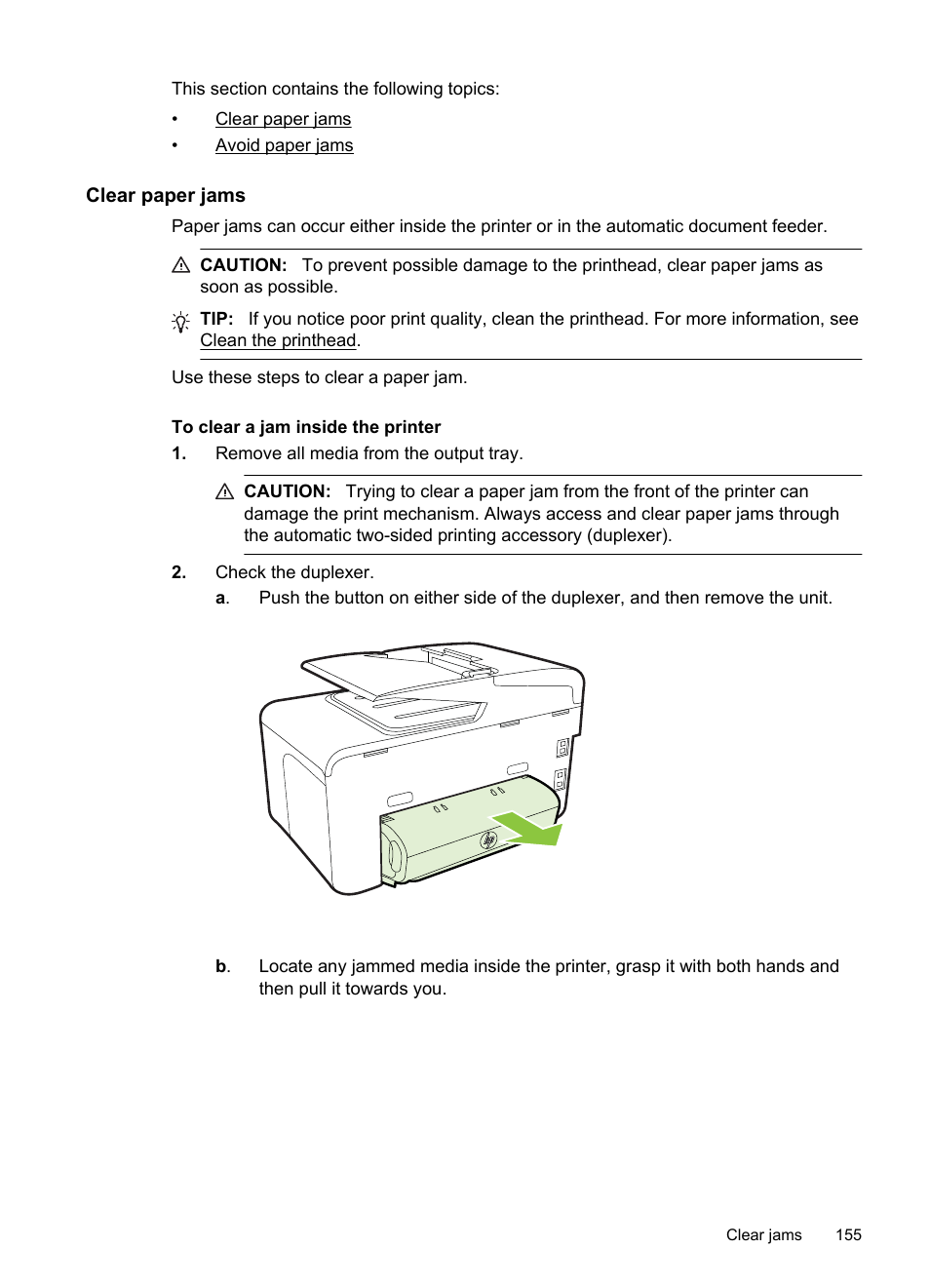 Clear paper jams | HP Officejet Pro 8600 User Manual | Page 159 / 254