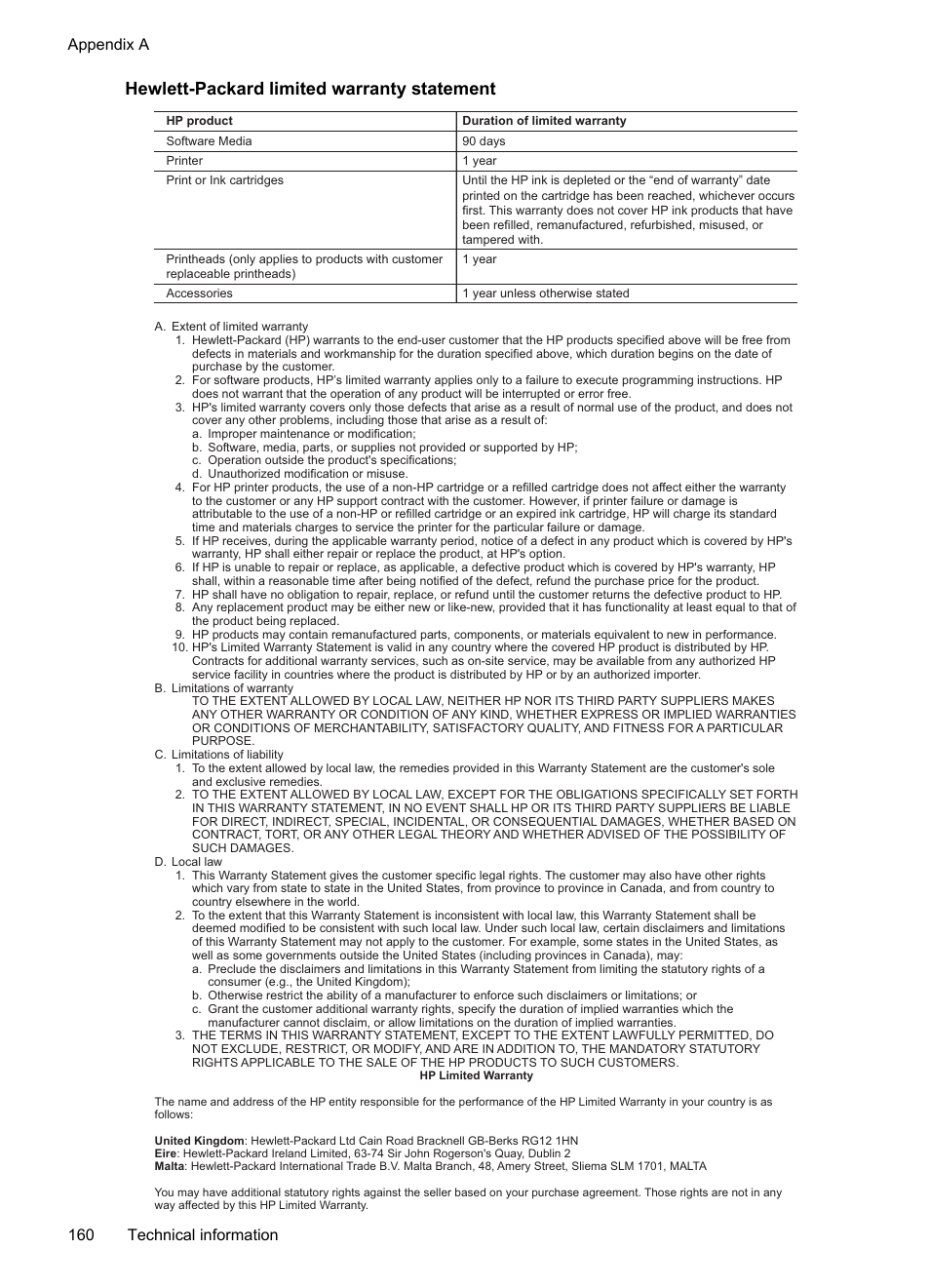 Hewlett-packard limited warranty statement, Appendix a 160 technical information | HP Officejet Pro 8600 User Manual | Page 164 / 254