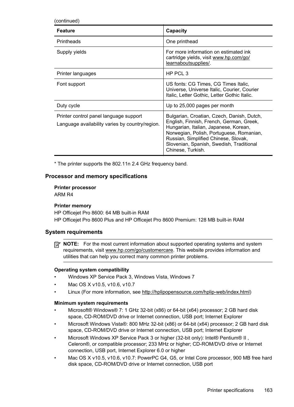 Processor and memory specifications, System requirements, E system requirements | HP Officejet Pro 8600 User Manual | Page 167 / 254