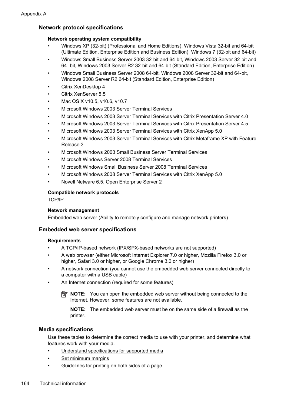 Network protocol specifications, Embedded web server specifications, Media specifications | HP Officejet Pro 8600 User Manual | Page 168 / 254