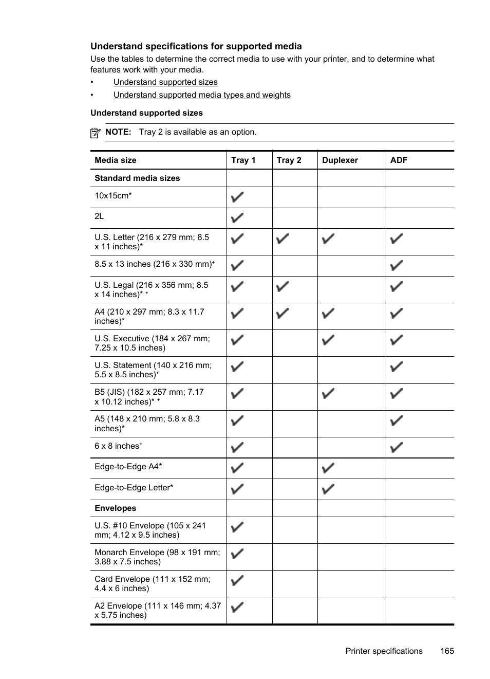 Understand specifications for supported media | HP Officejet Pro 8600 User Manual | Page 169 / 254