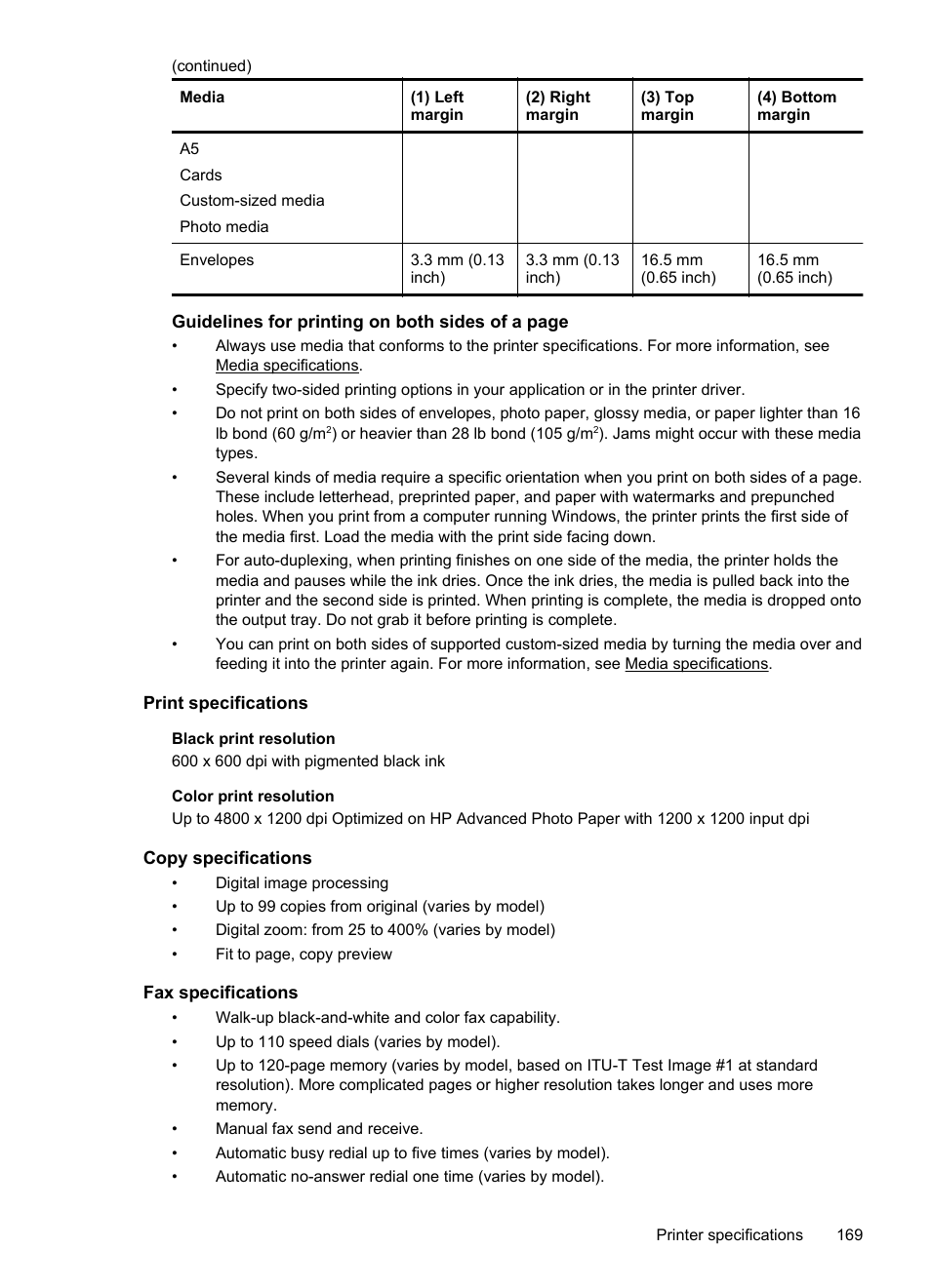 Print specifications, Copy specifications, Fax specifications | HP Officejet Pro 8600 User Manual | Page 173 / 254