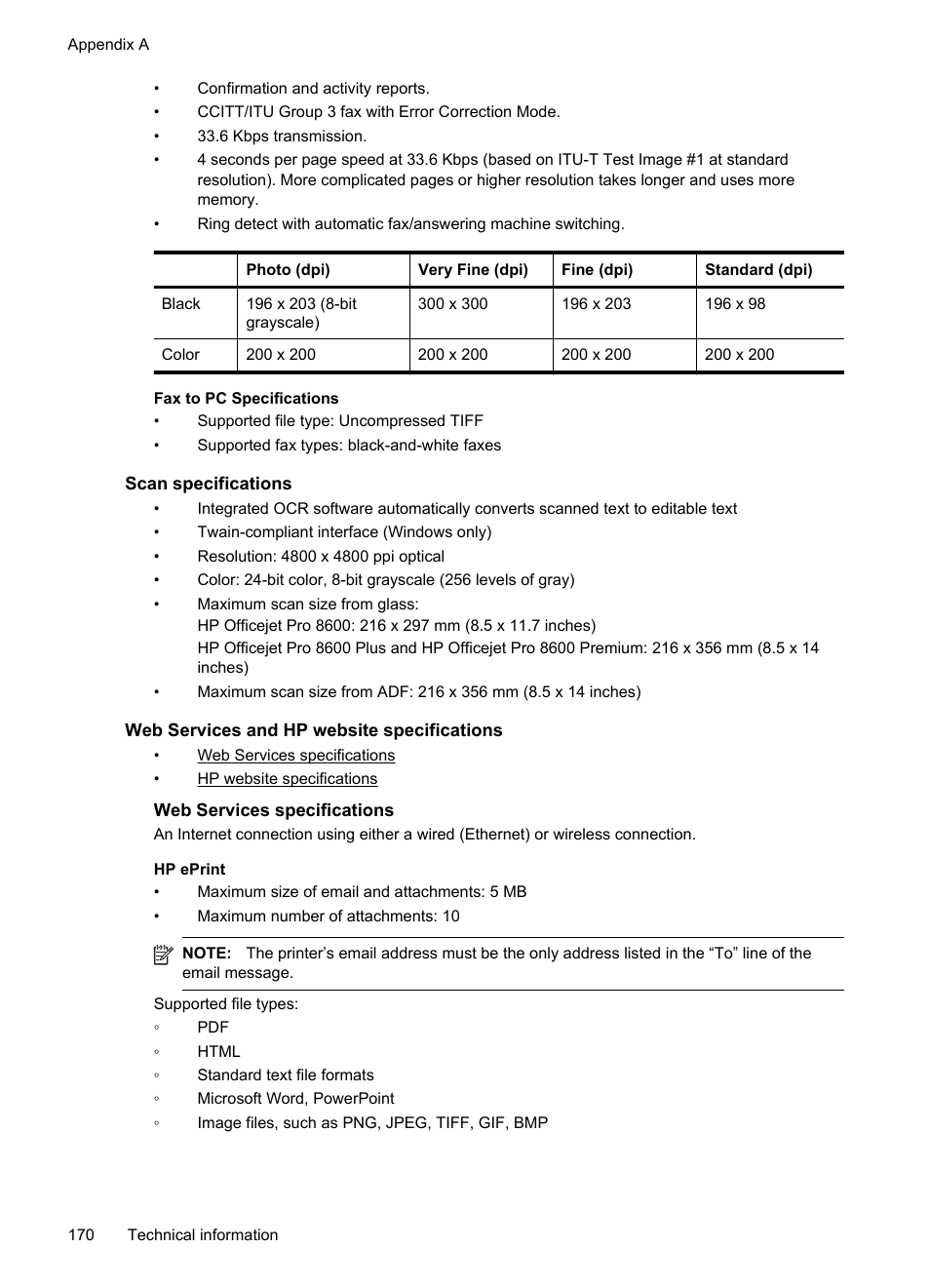 Scan specifications, Web services and hp website specifications, Web services specifications | See web services specifications | HP Officejet Pro 8600 User Manual | Page 174 / 254