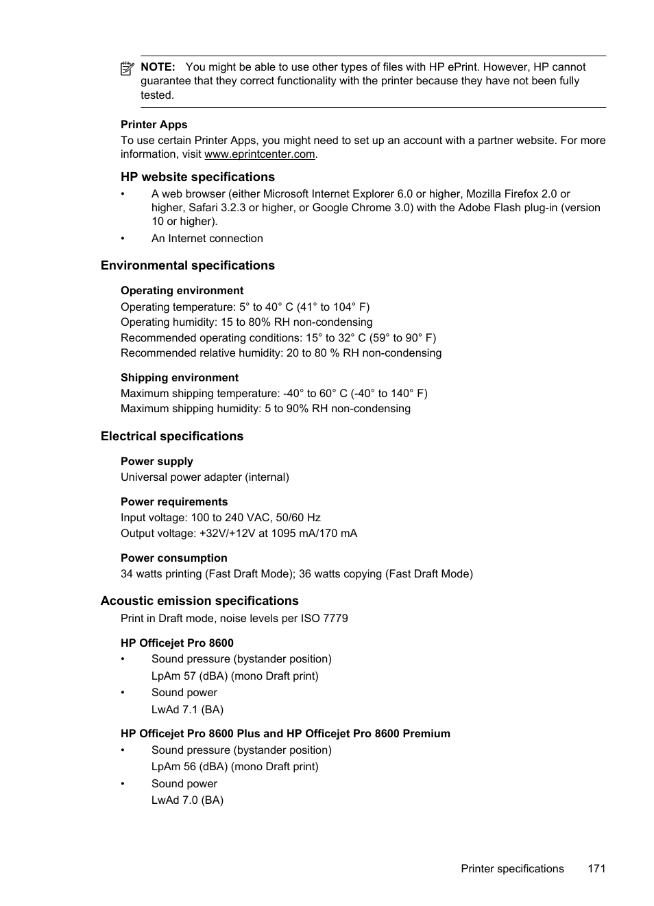 Hp website specifications, Environmental specifications, Electrical specifications | Acoustic emission specifications, E hp website specifications | HP Officejet Pro 8600 User Manual | Page 175 / 254