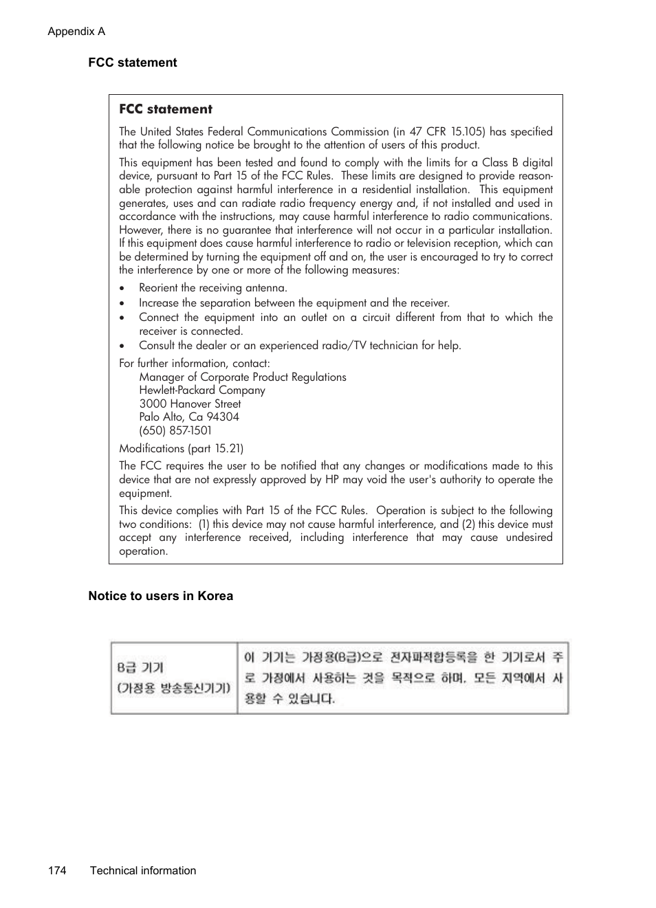 Fcc statement, Notice to users in korea | HP Officejet Pro 8600 User Manual | Page 178 / 254