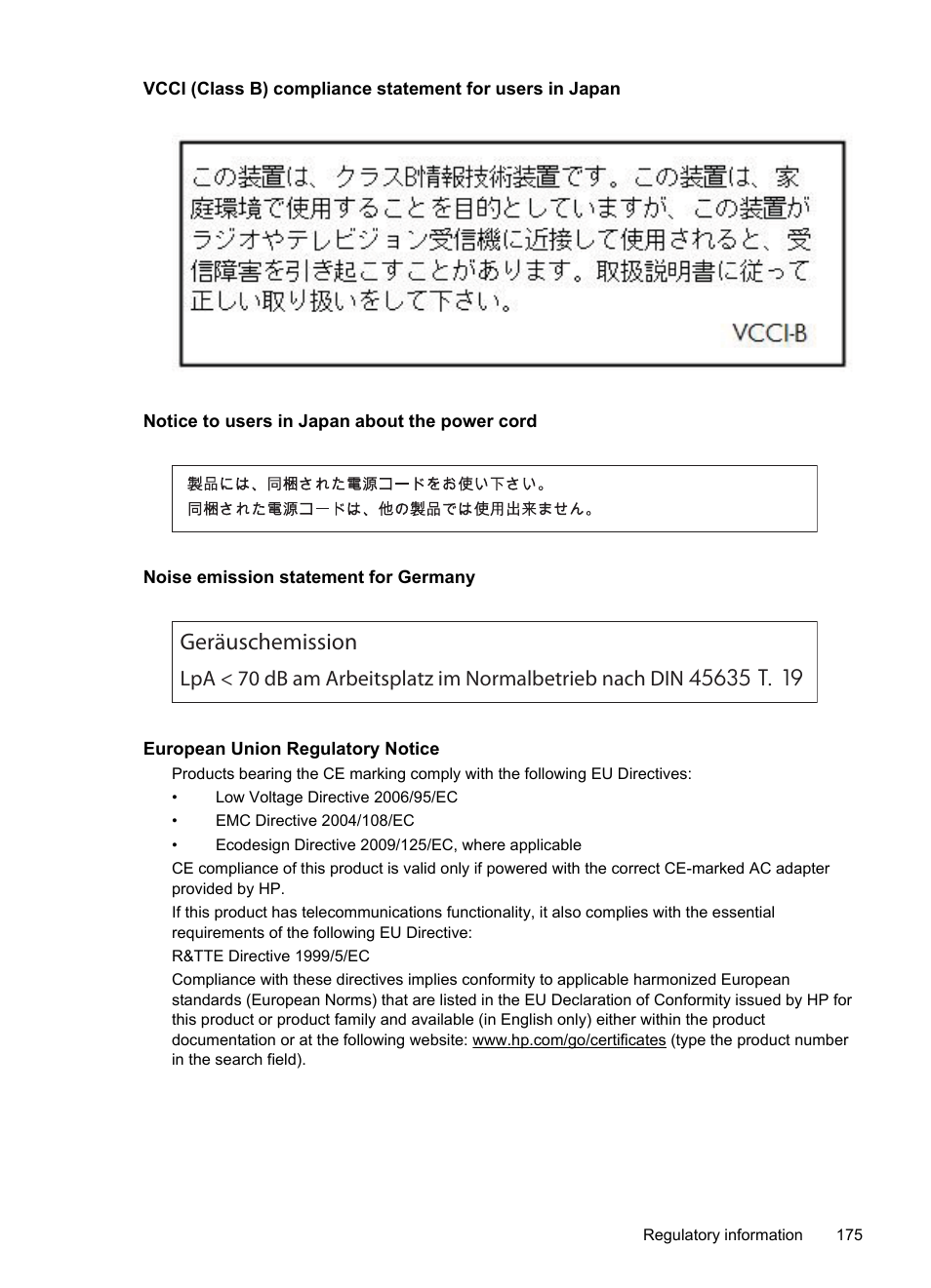 Notice to users in japan about the power cord, Noise emission statement for germany, European union regulatory notice | Geräuschemission | HP Officejet Pro 8600 User Manual | Page 179 / 254