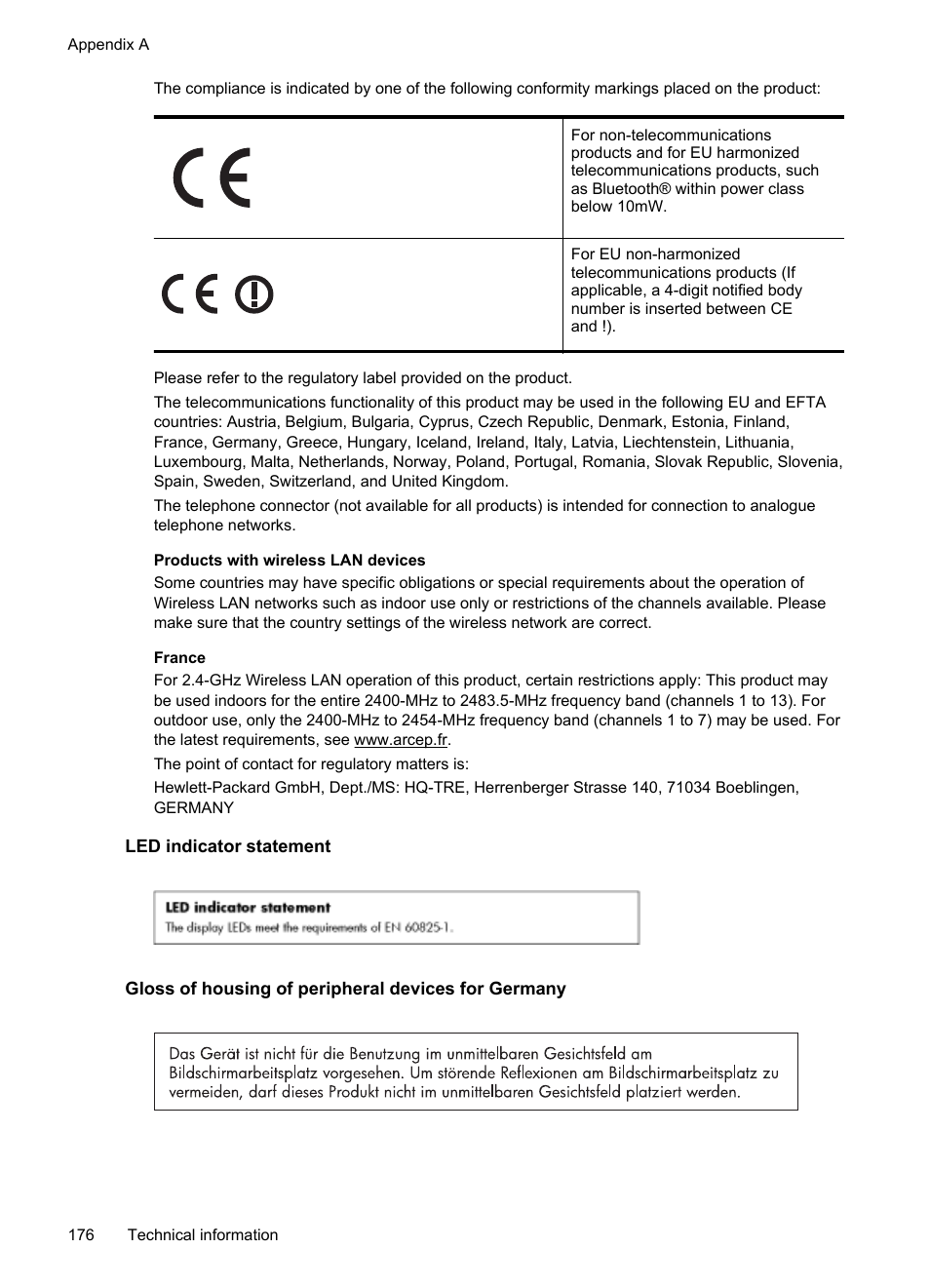 Led indicator statement, Gloss of housing of peripheral devices for germany | HP Officejet Pro 8600 User Manual | Page 180 / 254