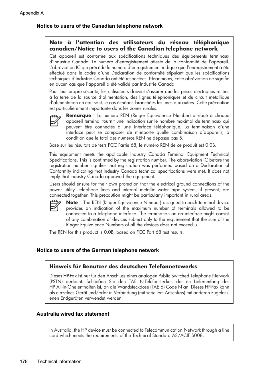 Notice to users of the canadian telephone network, Notice to users of the german telephone network, Australia wired fax statement | HP Officejet Pro 8600 User Manual | Page 182 / 254