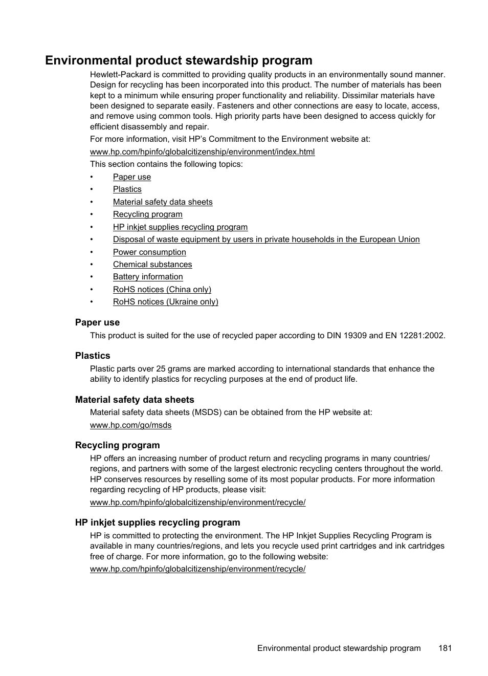 Environmental product stewardship program, Paper use, Plastics | Material safety data sheets, Recycling program, Hp inkjet supplies recycling program | HP Officejet Pro 8600 User Manual | Page 185 / 254
