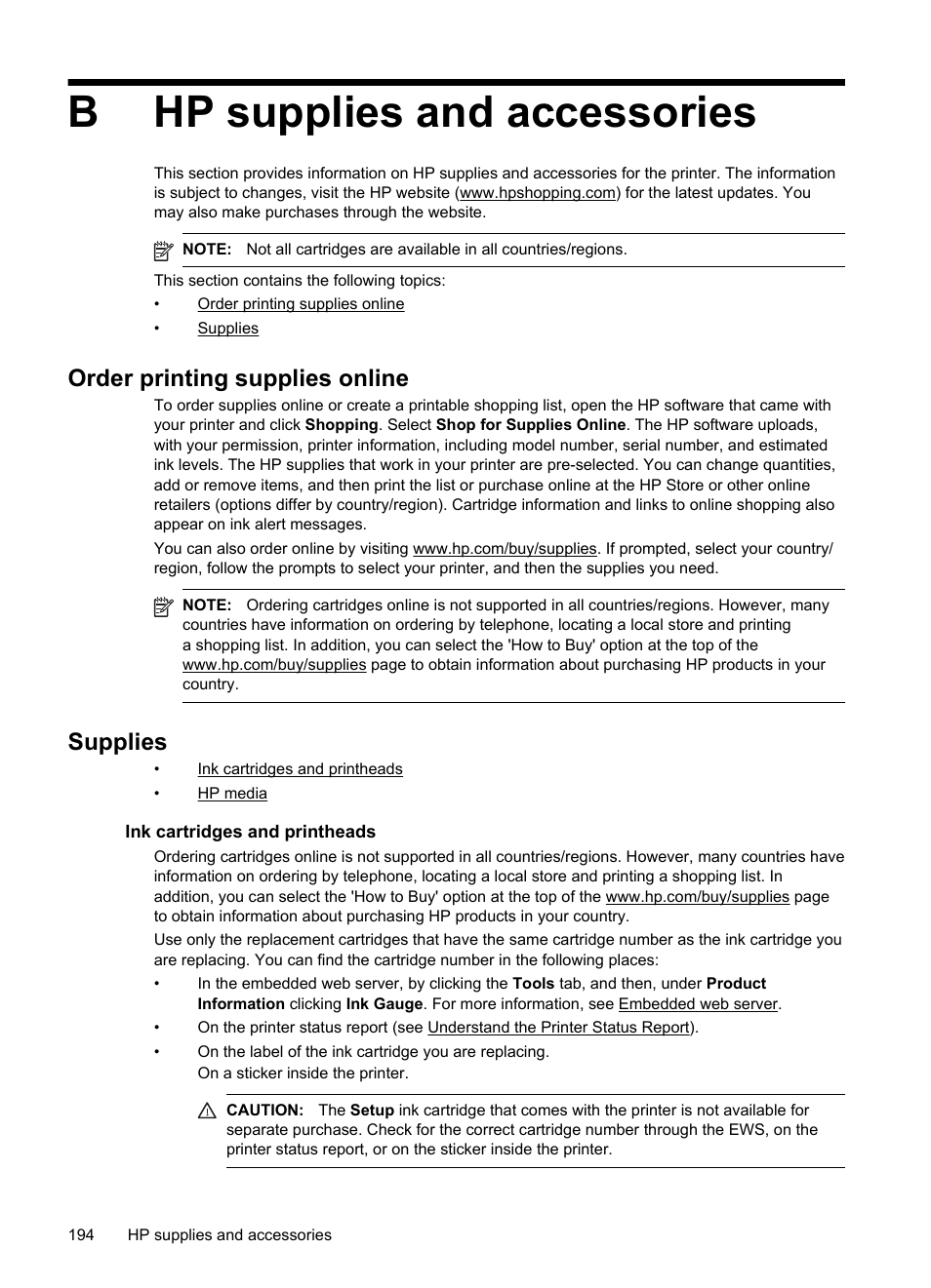 Hp supplies and accessories, Order printing supplies online, Supplies | Ink cartridges and printheads, Order printing supplies online supplies, Ink cartridges and printheads hp media, Bhp supplies and accessories | HP Officejet Pro 8600 User Manual | Page 198 / 254