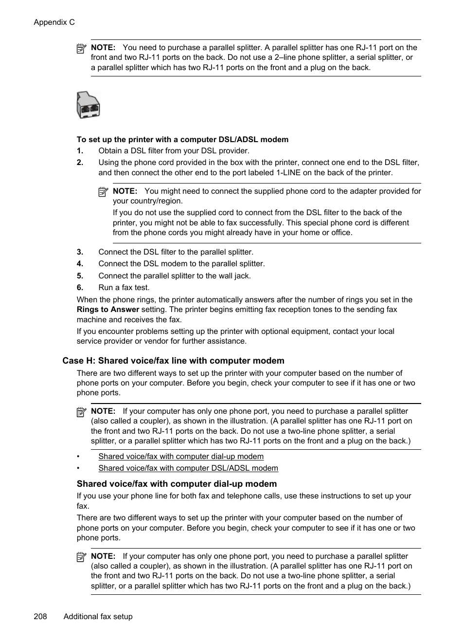 Case h: shared voice/fax line with computer modem, Shared voice/fax with computer dial-up modem | HP Officejet Pro 8600 User Manual | Page 212 / 254