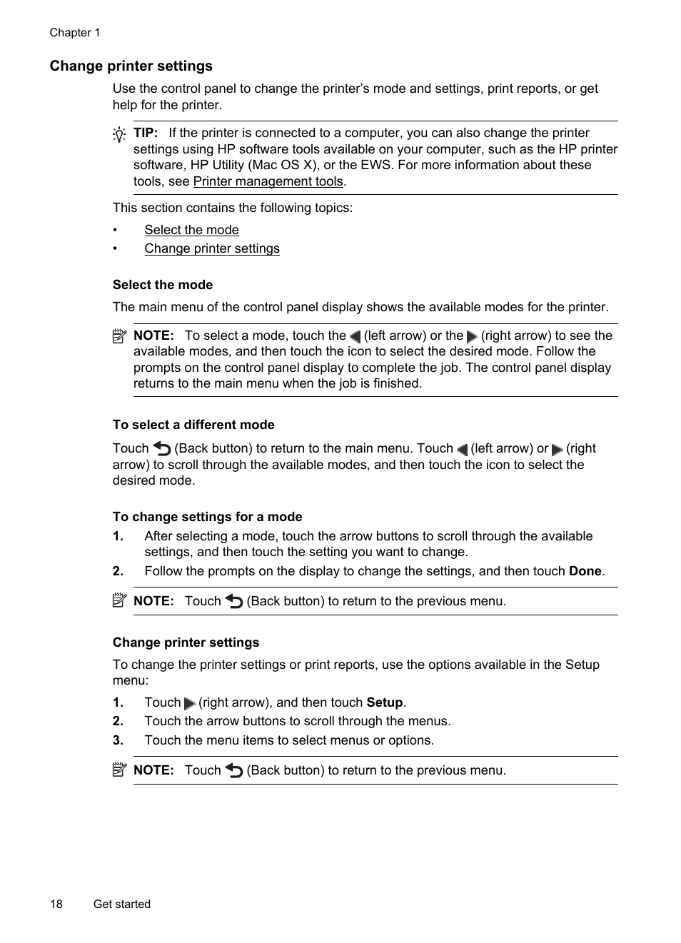 Change printer settings, Select the mode | HP Officejet Pro 8600 User Manual | Page 22 / 254