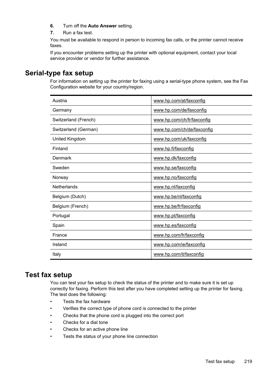 Serial-type fax setup, Test fax setup, Serial-type fax setup test fax setup | E test fax setup | HP Officejet Pro 8600 User Manual | Page 223 / 254