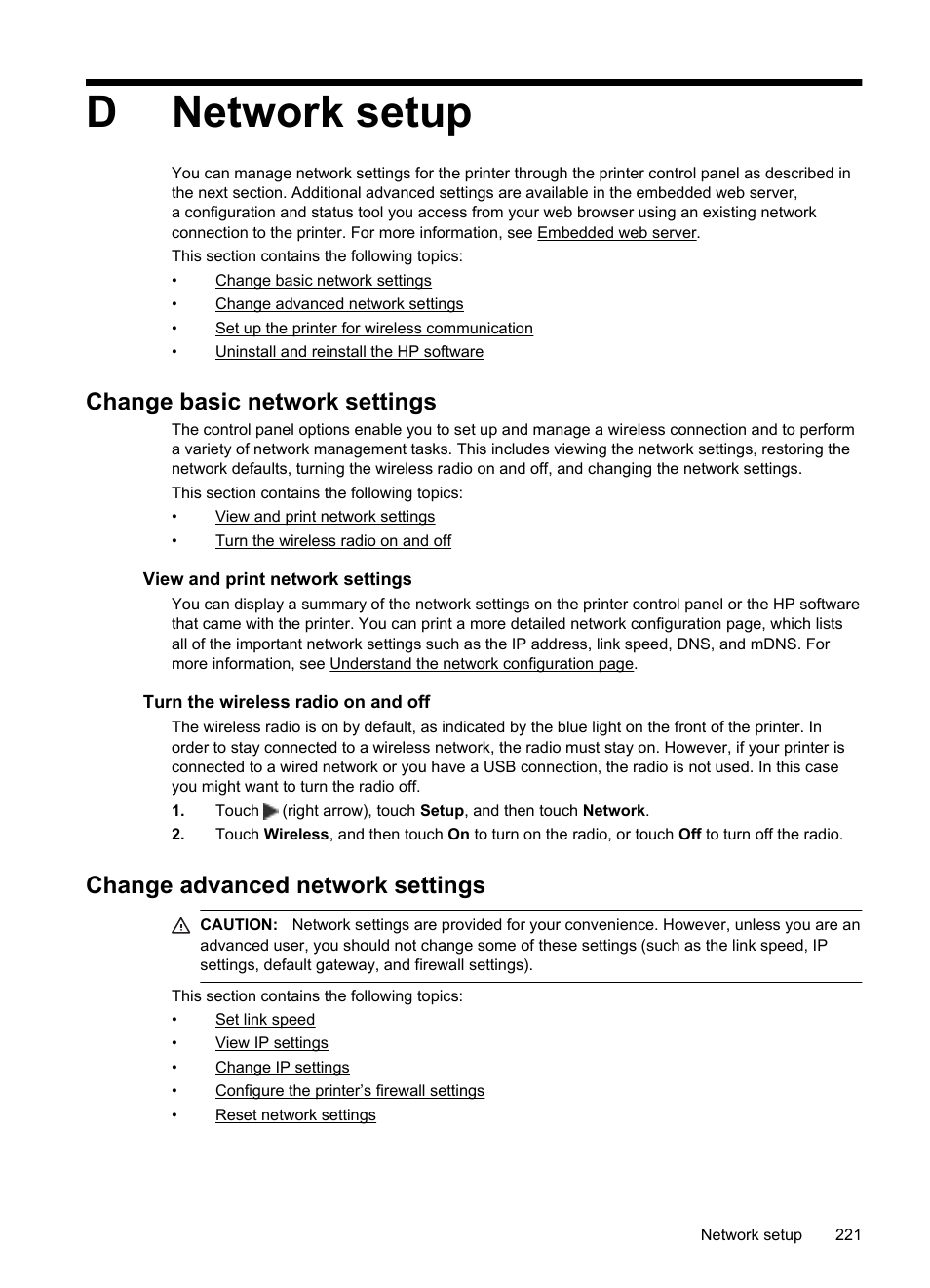 Network setup, Change basic network settings, View and print network settings | Turn the wireless radio on and off, Change advanced network settings, Creating and using firewall rules, Reset network settings, Dnetwork setup | HP Officejet Pro 8600 User Manual | Page 225 / 254