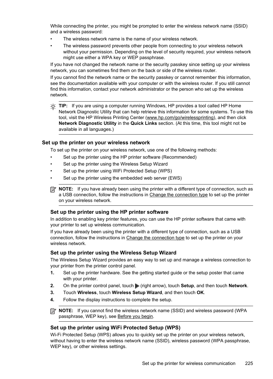 Set up the printer on your wireless network, Set up the printer using the hp printer software, Set up the printer using the wireless setup wizard | HP Officejet Pro 8600 User Manual | Page 229 / 254