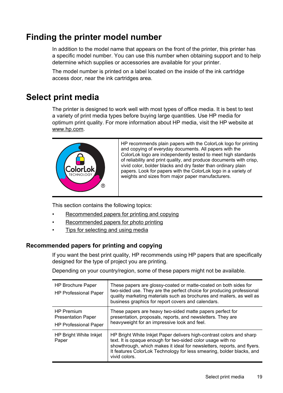 Finding the printer model number, Select print media, Recommended papers for printing and copying | Ips for selecting and using media | HP Officejet Pro 8600 User Manual | Page 23 / 254