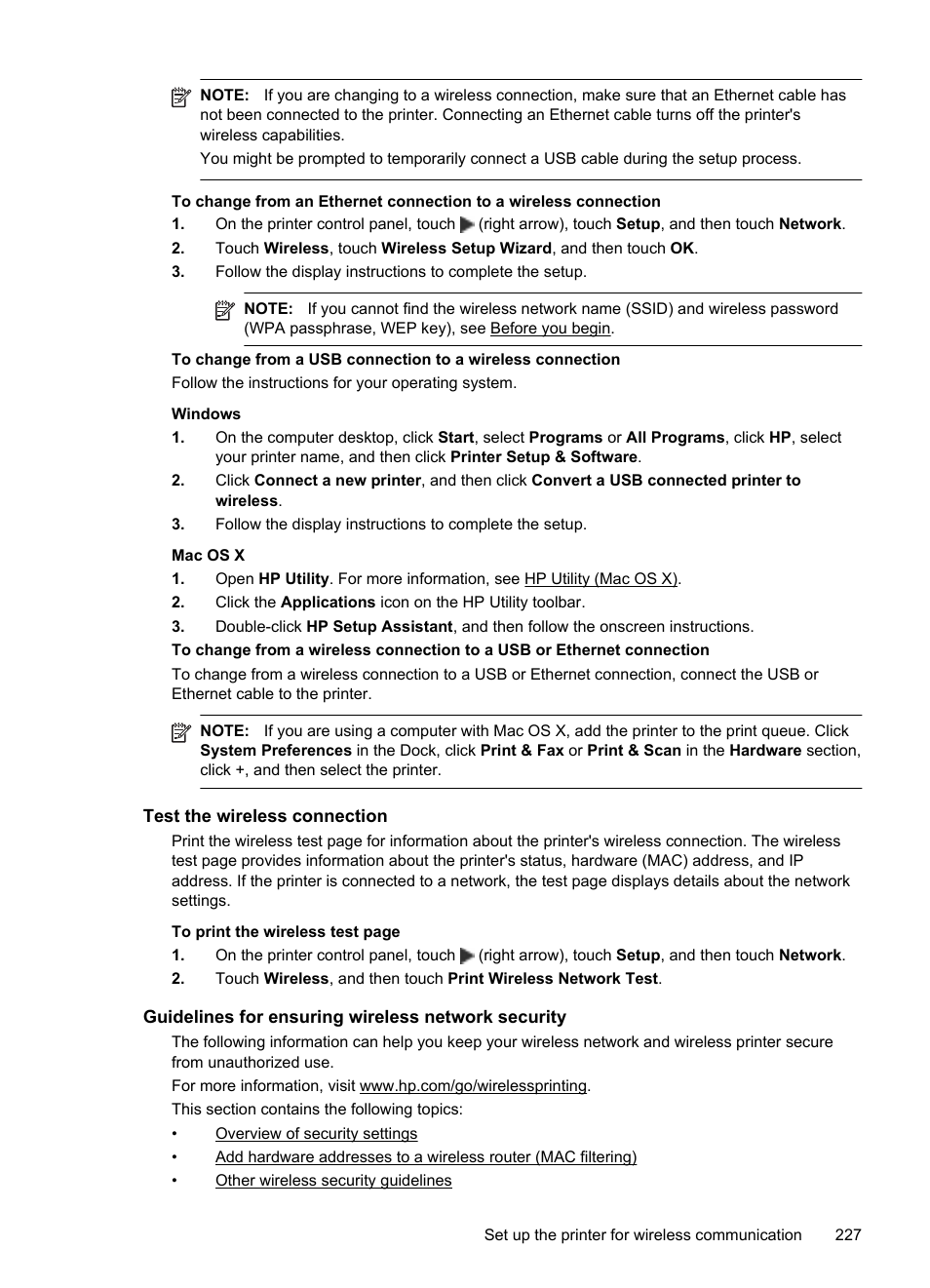 Test the wireless connection, Guidelines for ensuring wireless network security | HP Officejet Pro 8600 User Manual | Page 231 / 254