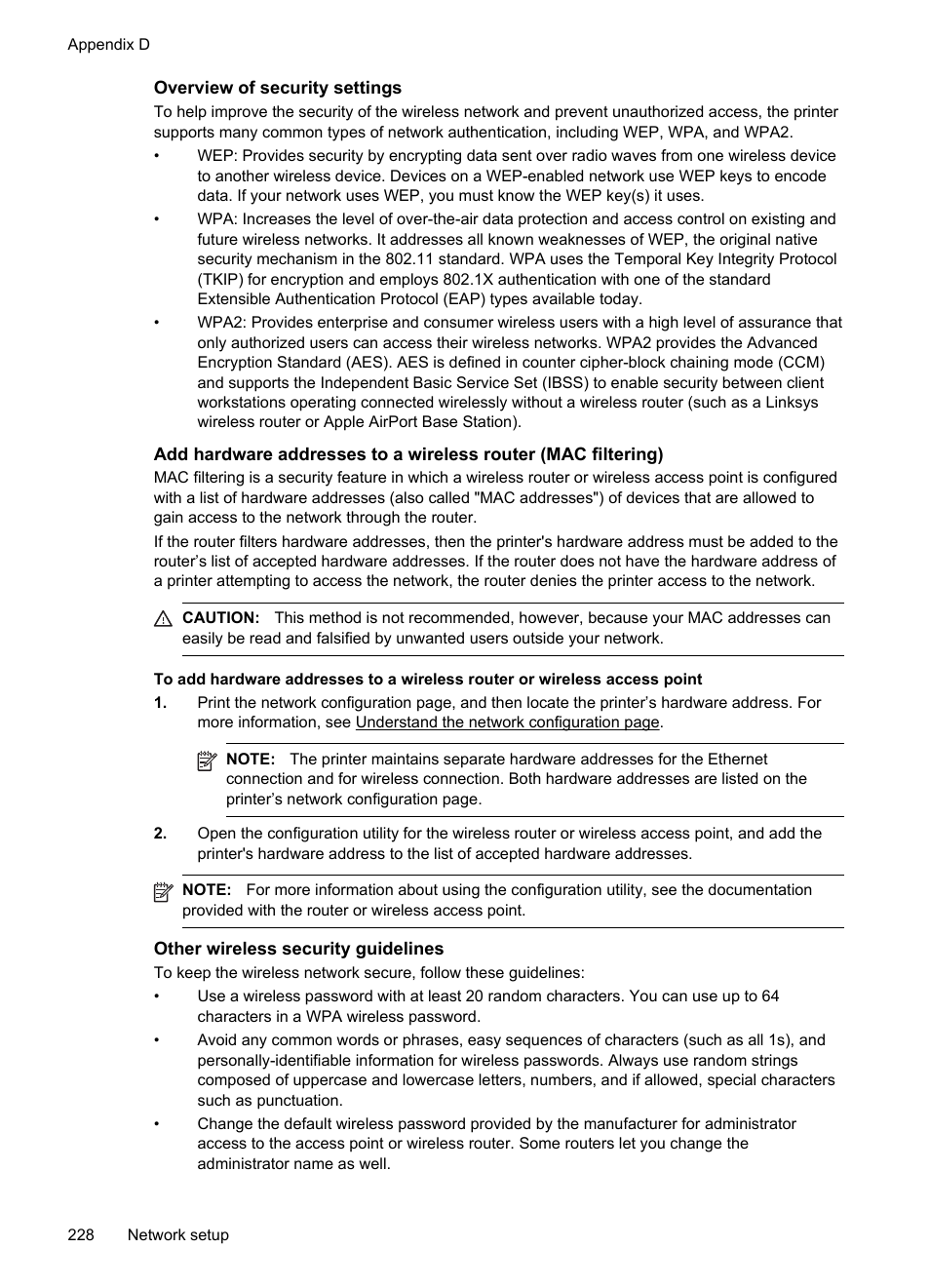 Overview of security settings, Other wireless security guidelines | HP Officejet Pro 8600 User Manual | Page 232 / 254