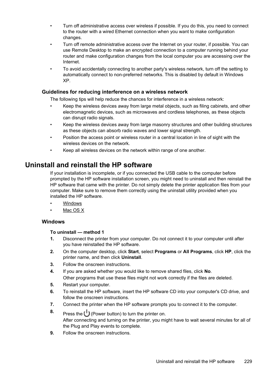 Uninstall and reinstall the hp software, Windows, Windows mac os x | HP Officejet Pro 8600 User Manual | Page 233 / 254