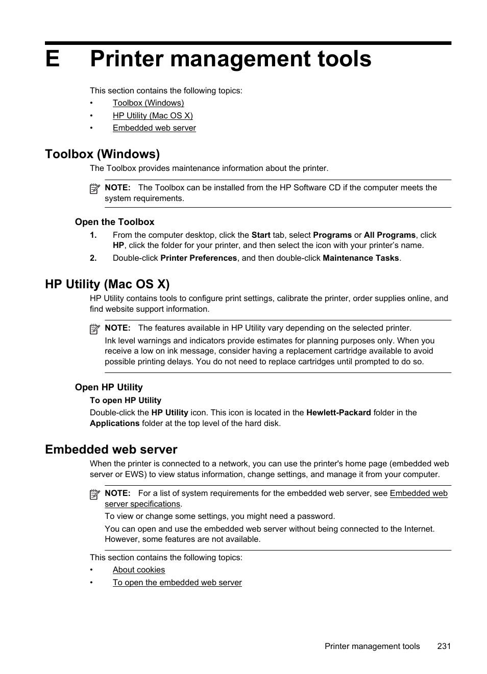 Printer management tools, Toolbox (windows), Hp utility (mac os x) | Embedded web server, About cookies, O open the embedded web server, E embedded web server, E printer management tools, See open the toolbox, Eprinter management tools | HP Officejet Pro 8600 User Manual | Page 235 / 254