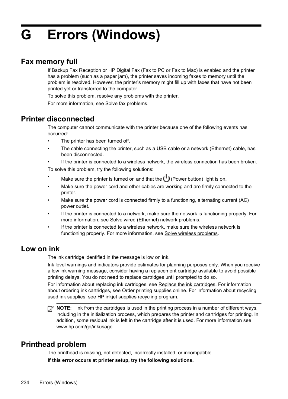 Gerrors (windows), Printer disconnected, Low on ink | Printhead problem | HP Officejet Pro 8600 User Manual | Page 238 / 254