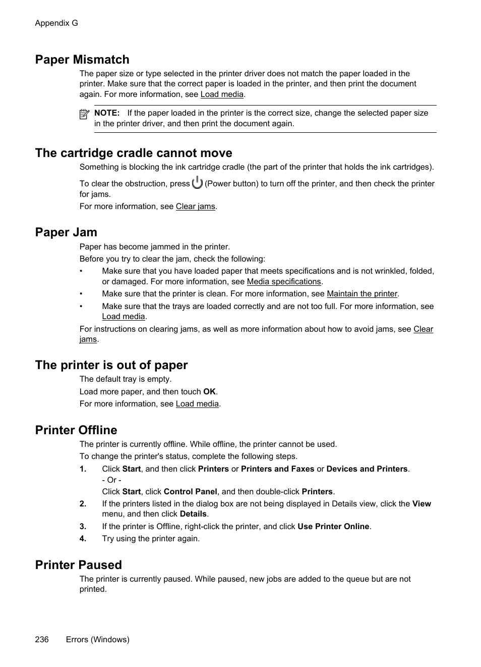 Paper mismatch, The cartridge cradle cannot move, Paper jam | The printer is out of paper, Printer offline, Printer paused | HP Officejet Pro 8600 User Manual | Page 240 / 254